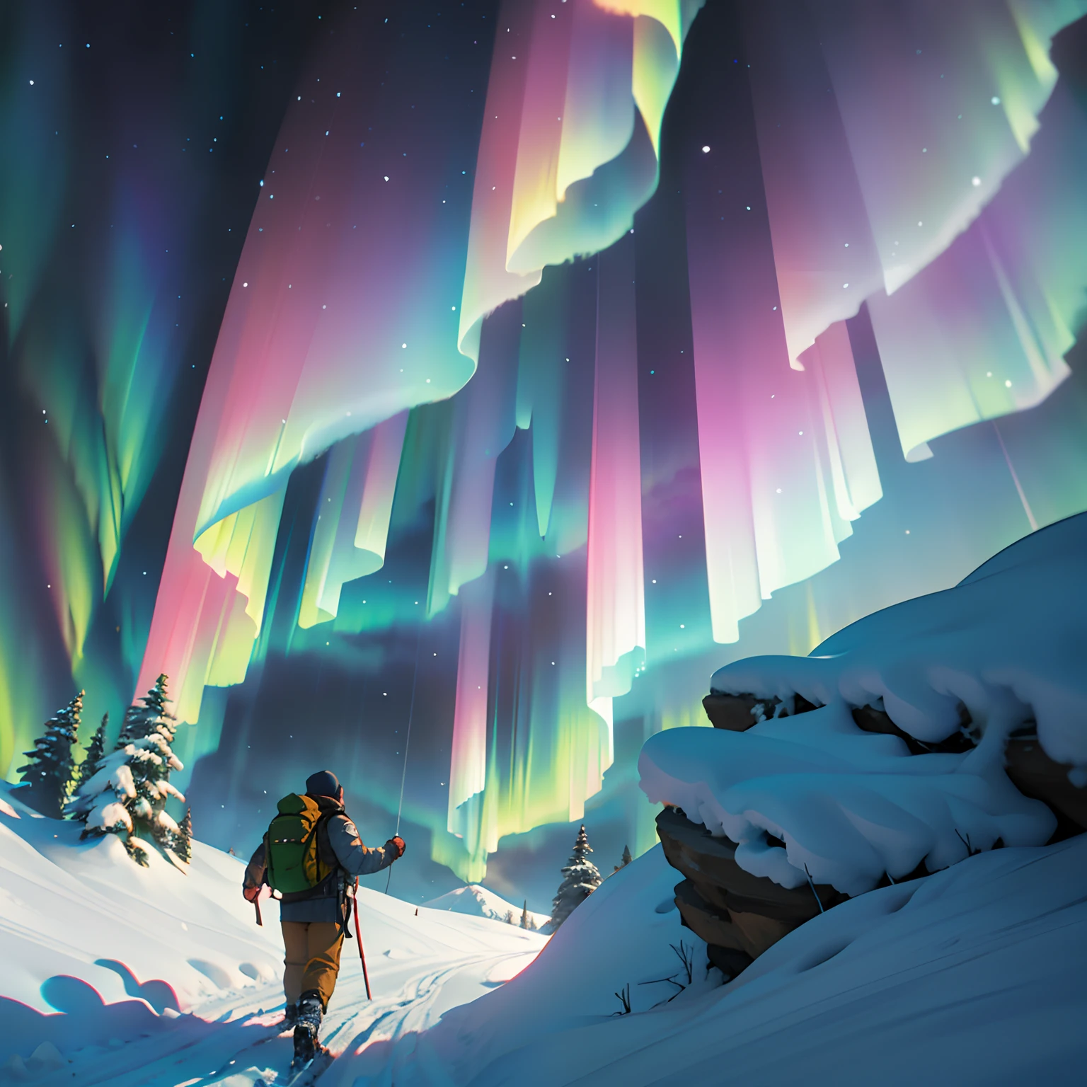 (8K, 16 k, awardwinning, Best quality, A high resolution, Super detail,ultra - detailed, Anatomically correct, masutepiece)，snow mountains, Climbers cheer at the top of the snowy mountain, (2 Men: 1.2), (Manlock climb: 1.4), ice axe, lifeline, Backpack, Polarized glasses, Snow-covered peaks, (Aurora at the top of the mountain)，A perfect masterpiece,RAW photo,Sharp,Rich colors, Ultra-realistic realistic textures, Dramatic lighting, It was a huge hit on Unreal Engine's ArtStation Cinestill 800,
