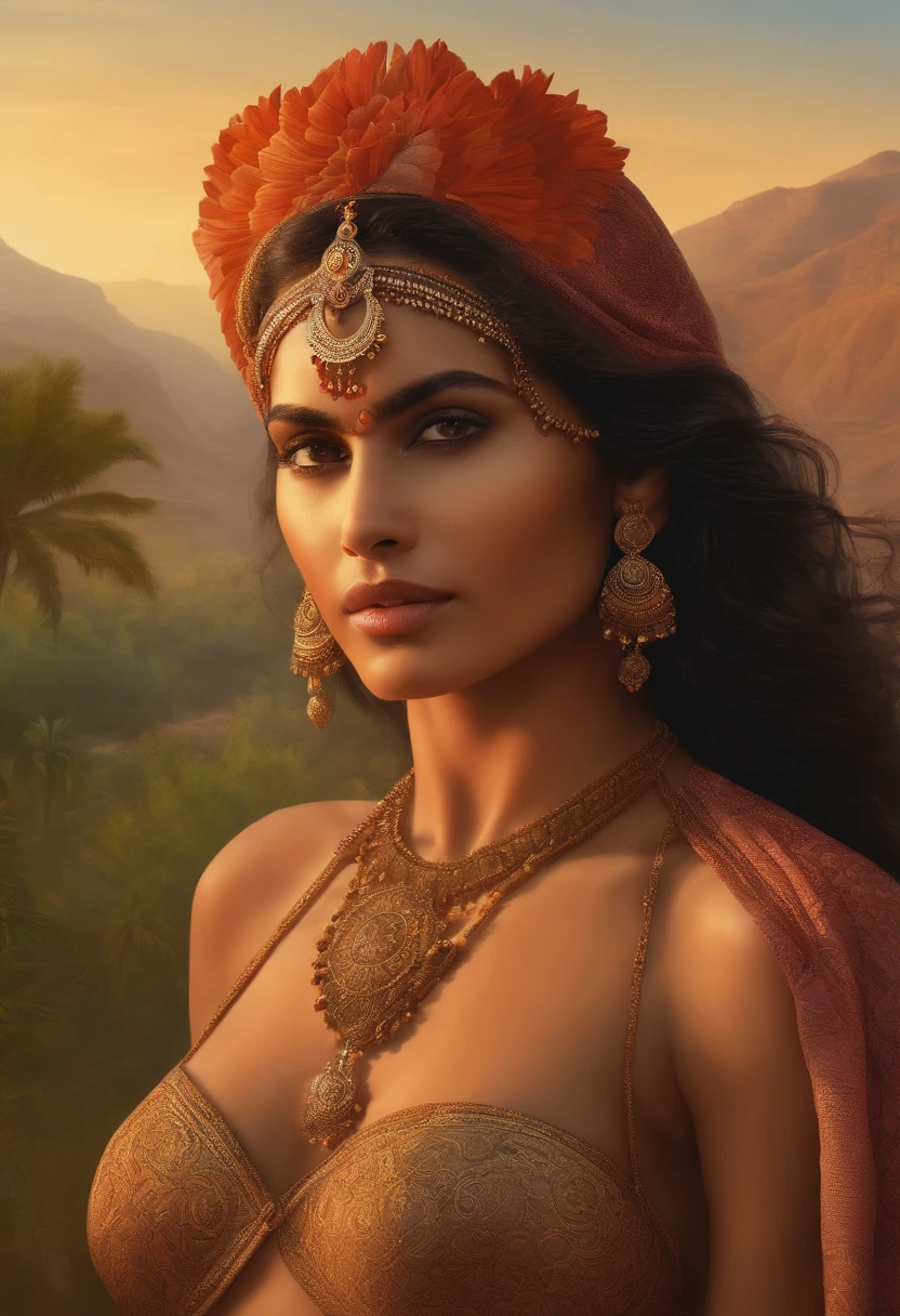 Fully Naked photo of a Rajasthani woman standing in front of of nature, interconnected human lifeforms, close view of girl, by harry bush, James Montgomery Flagg and Lois van Baarle and jim french and rossdraws, detailed realistic eyes, very hot, beautiful --ar 16:9 --v 5.1