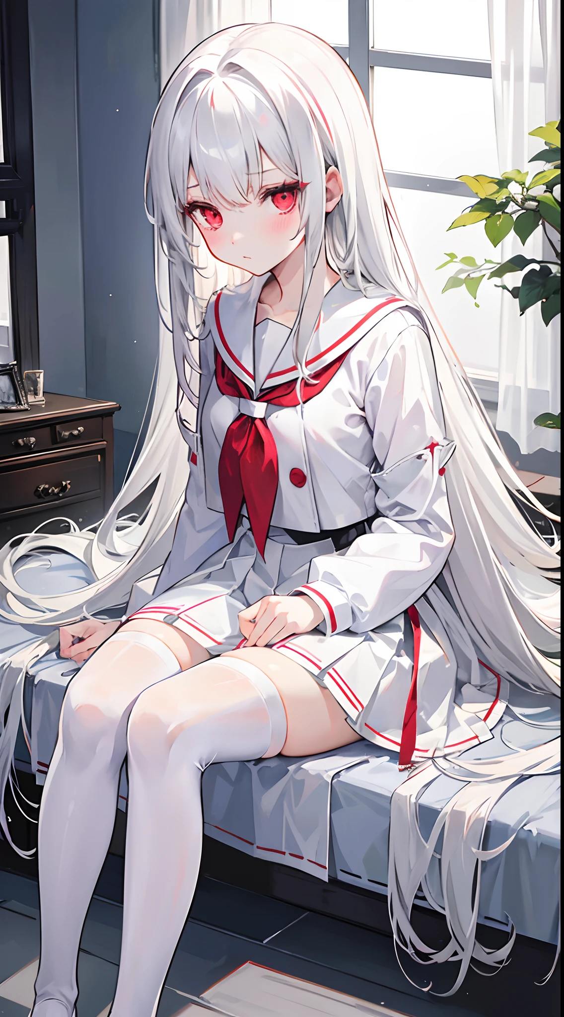 silver-white long hair，Broken hair curtain，Crystal red eyes，Off-white short-sleeved sailor uniform school uniform，a skirt，expressiveless，apathy，Sit in the infirmary，Wearing white stockings，Medium-sized girls