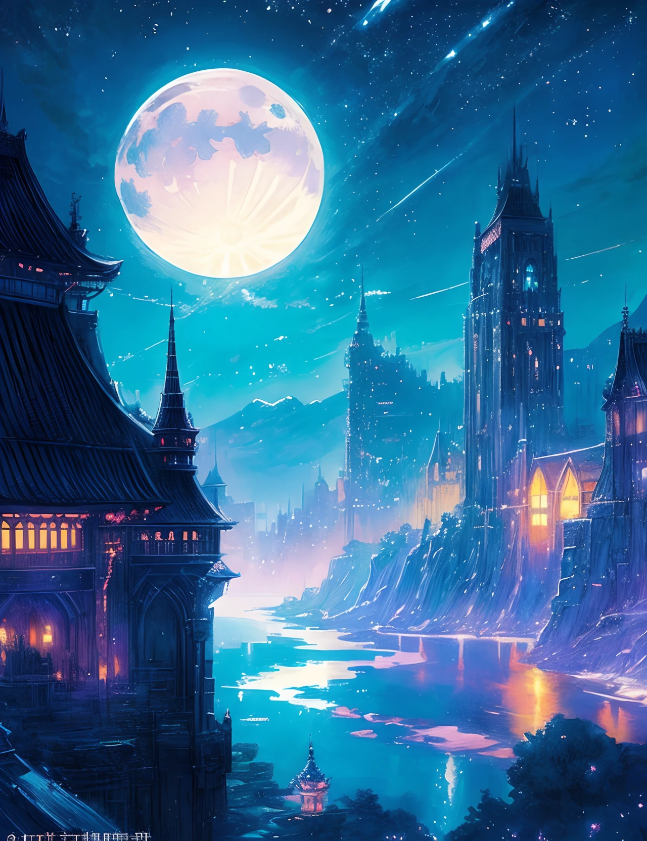 the met、Painting of a river with stars and moon in the sky、the met、Shining skyscrapers、Shine across the board、Skyscrapers、Concept art inspired by Mitsuoki Tosa、pixiv contest winners、top-quality、Fantasyart、beautiful anime scene、Bright moon、Moonlit star environment、Dream painting、Anime Background Art、Fantasy landscape art、fantasy knight、anime backgrounds、background artwork、Fantastic art、atmospheric anime、starrysky、Detail has been enhanced。