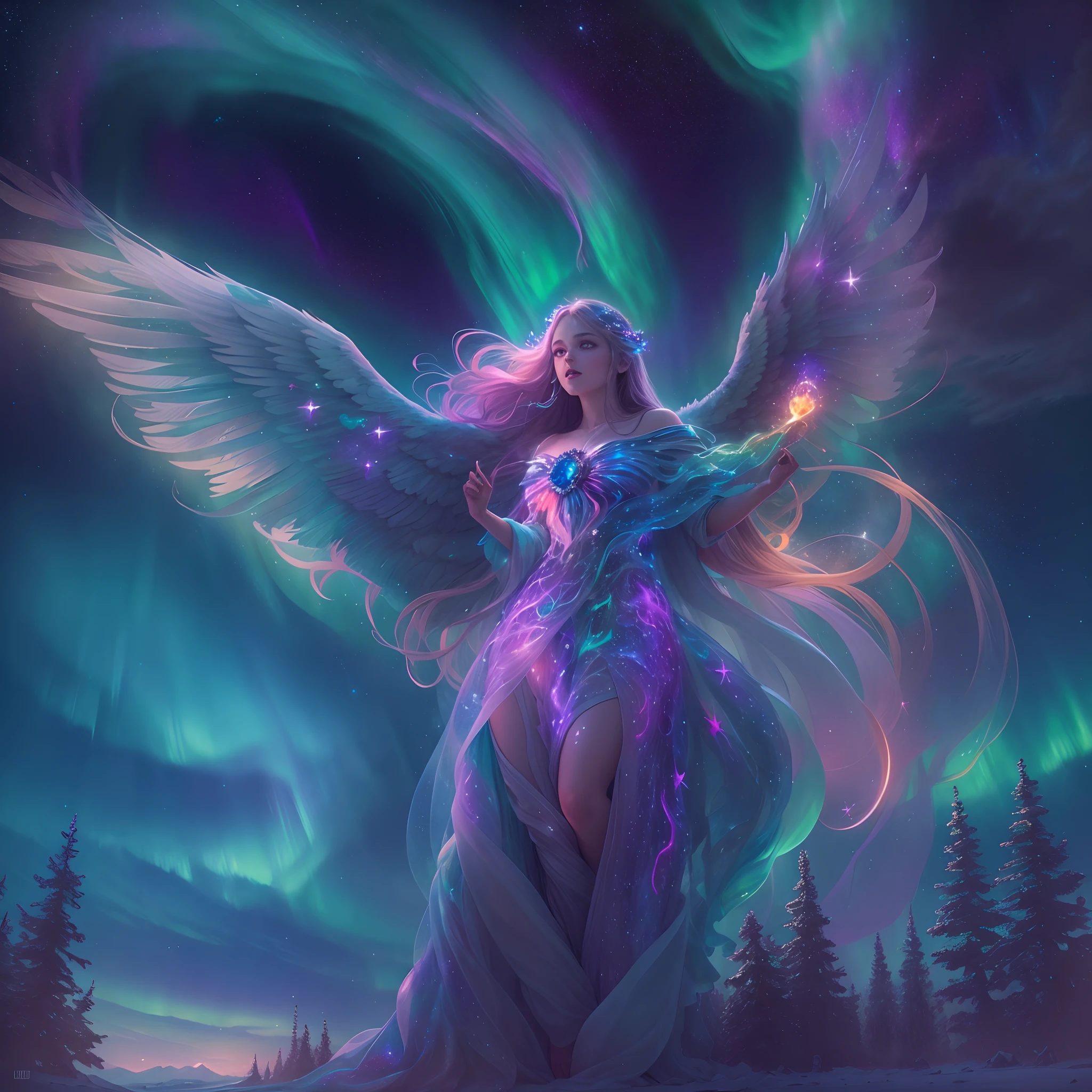 Best quality,Ultra-detailed,(aurora borealis),Angel image,otherworldly beauty,Night sky,Vibrant colors,luminouslighting,Ethereal atmosphere,Um ser celestial,glittering stars,cosmic energy,Extraordinary artistry,Heavenly creatures,Mythological elements,divine presence,Supernatural powers,Majestic performance,Vivid celestial tones,Engaging creations