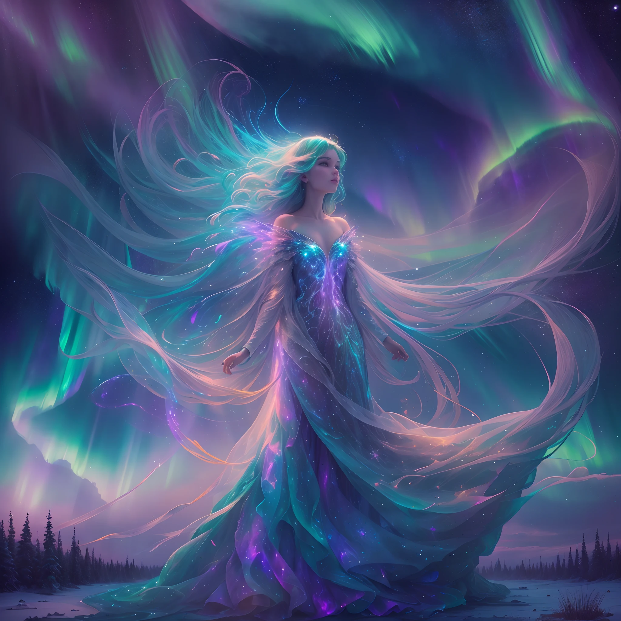 Best quality,Ultra-detailed,(aurora borealis),Angel image,otherworldly beauty,Night sky,Vibrant colors,luminouslighting,Ethereal atmosphere,Um ser celestial,glittering stars,cosmic energy,Extraordinary artistry,Heavenly creatures,Mythological elements,divine presence,Supernatural powers,Majestic performance,Vivid celestial tones,Engaging creations