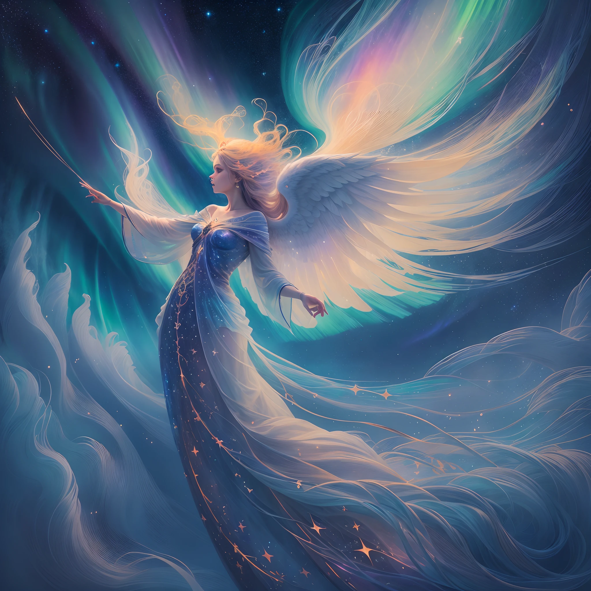 Best quality,Ultra-detailed,(aurora borealis),Angel image,otherworldly beauty,Night sky,Vibrant colors,luminouslighting,Ethereal atmosphere,Um ser celestial,glittering stars,cosmic energy,Extraordinary artistry,Heavenly creatures,Mythological elements,divine presence,Supernatural powers,Majestic performance,Vivid celestial tones,Engaging creations