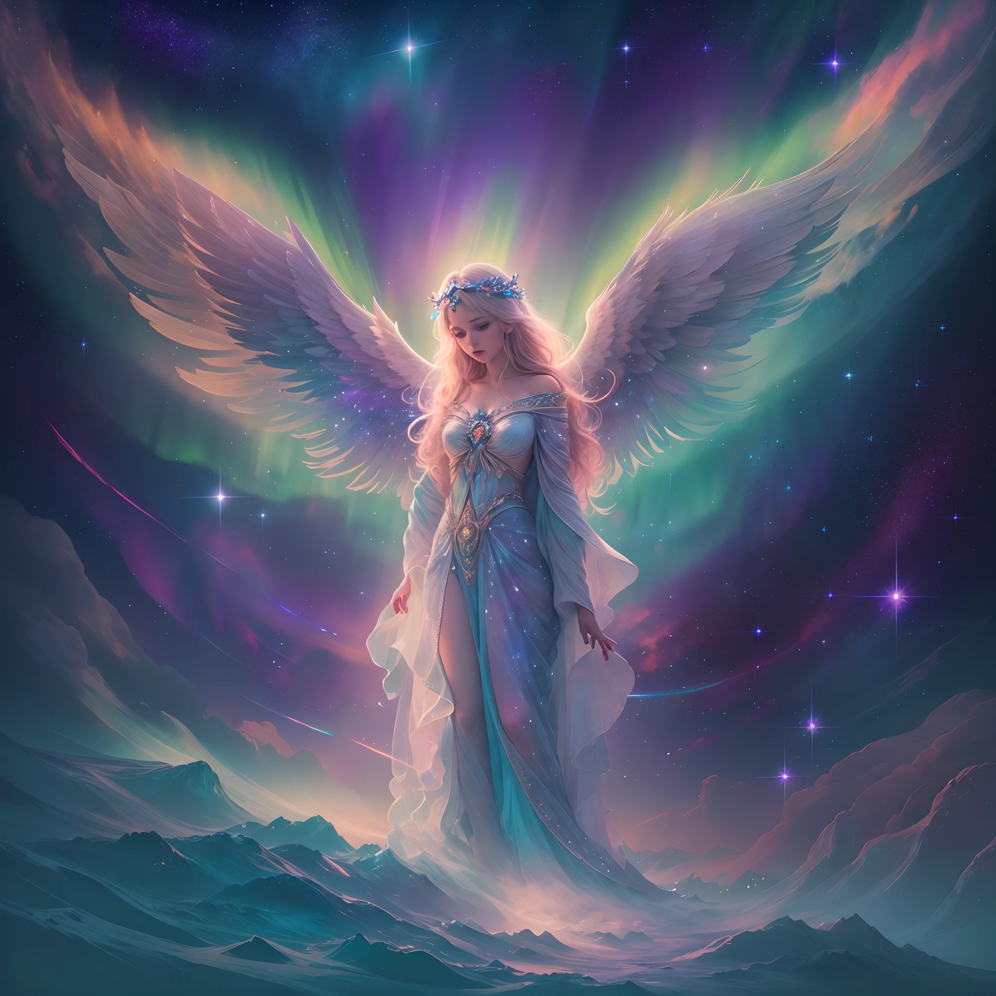 Best quality,Ultra-detailed,(aurora borealis),Angel image,otherworldly beauty,Night sky,Vibrant colors,luminouslighting,Ethereal atmosphere,Um ser celestial,glittering stars,cosmic energy,Extraordinary artistry,Heavenly creatures,Mythological elements,divine presence,Supernatural powers,Majestic performance,Vivid celestial tones,Engaging creations