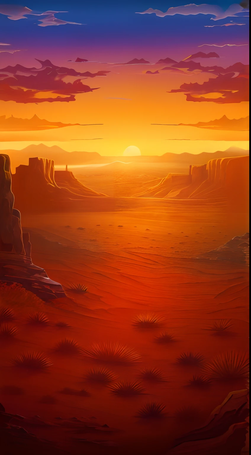 A painting of a desert scene with a sunset in the background - SeaArt AI