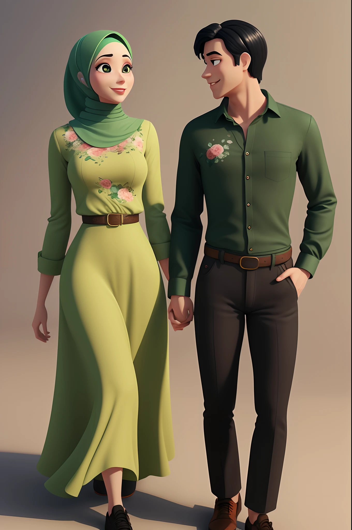 disney pixar poster,couple of a hijab girl wearing soft green long dress and soft green hijab, with a black haired boy wearing soft green floral long shirt and long cream pants holding hands, 3d animation