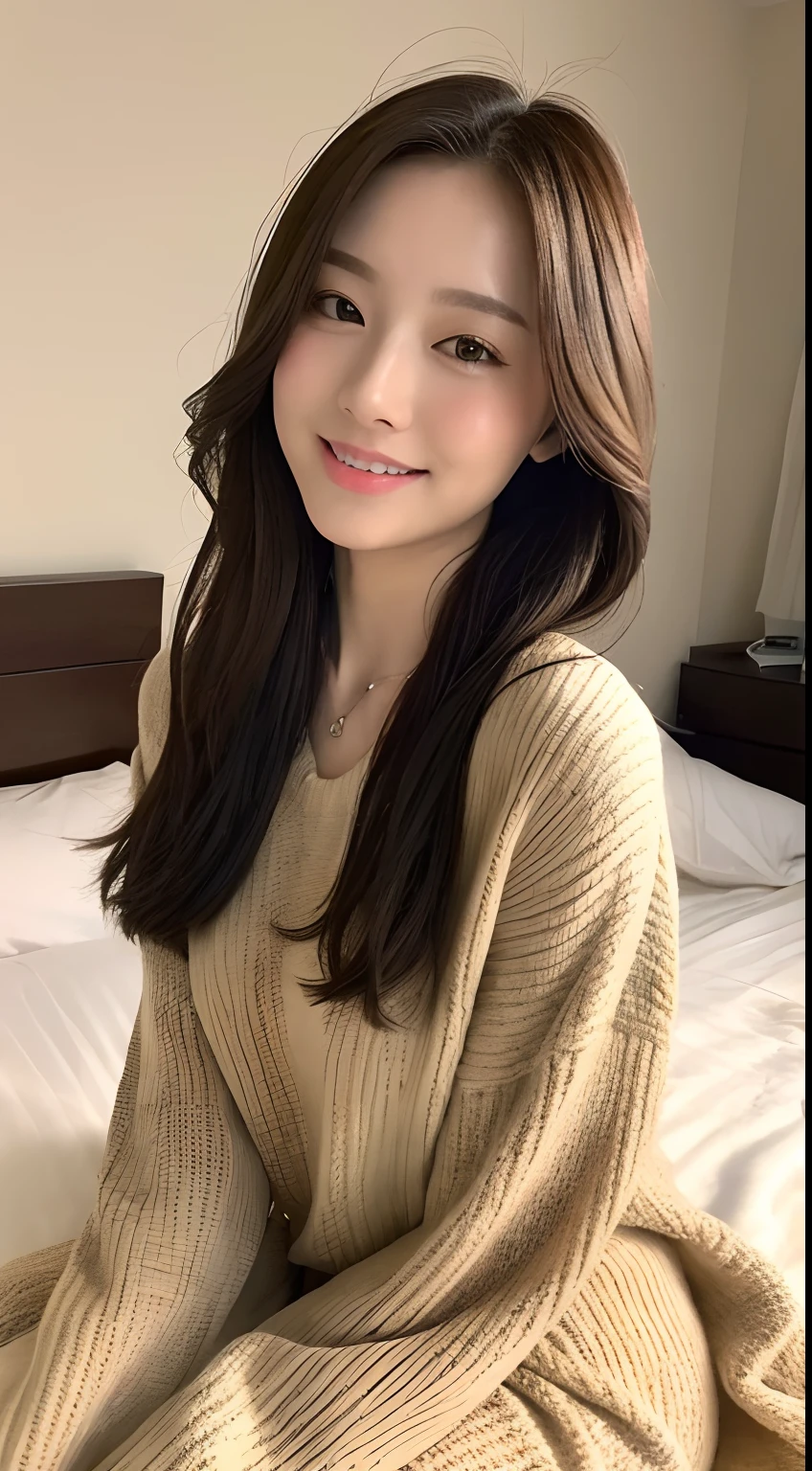 ((best qualtiy, 8k, tmasterpiece:1.3)), Focus:1.2, perfect figure beautiful woman:1.4, Cocked buttocks:1.2, ((Exquisite Hair)), (sweaterdress:1.1) , (Sports car, street: 1.2), Highly detailed facial and skin texture, A detailed eye, 二重まぶた,Whiten skin,huge tit,ssmile,Wear a necklace,gyuru,Man sitting on the bed in the bedroom,