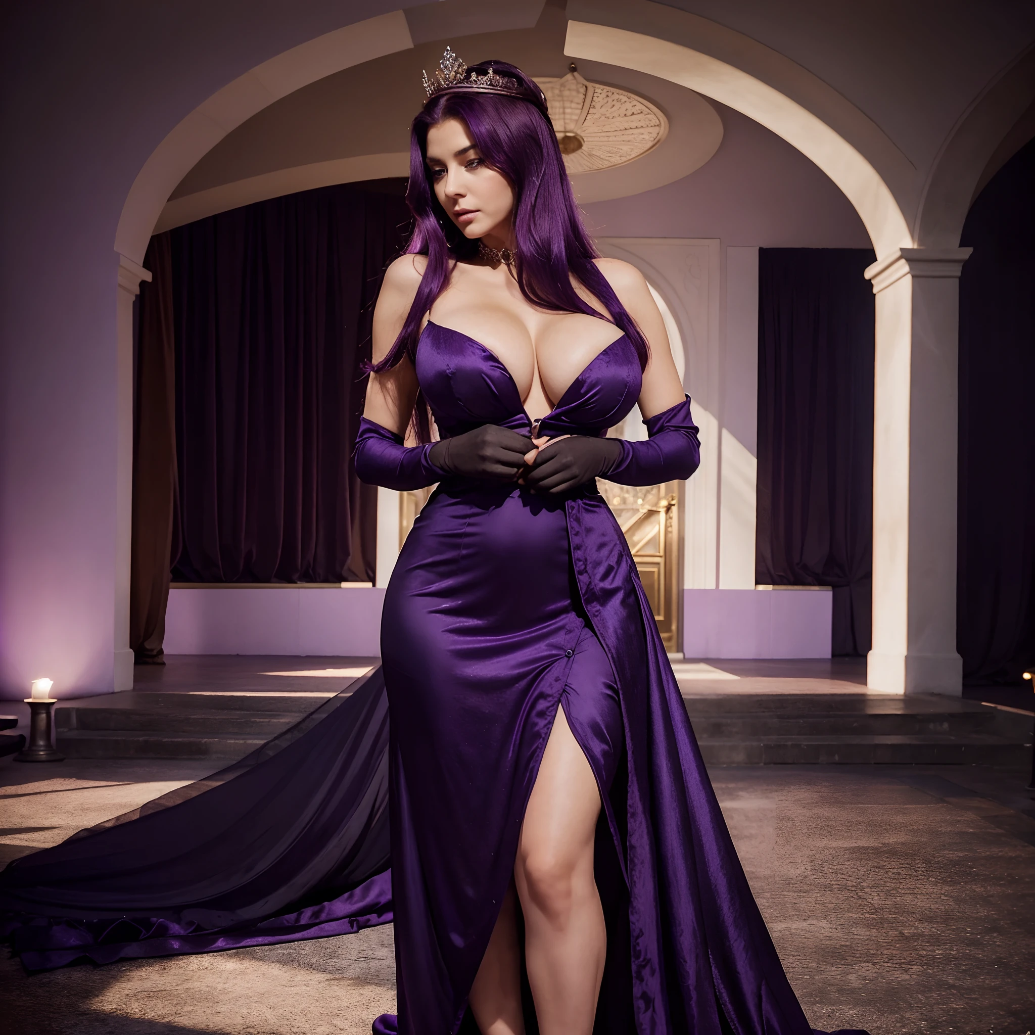 Queen, royalty, magnificent dress, deep violet purple hair, massive boobs and butt but fully covered, she is elegant and respectful