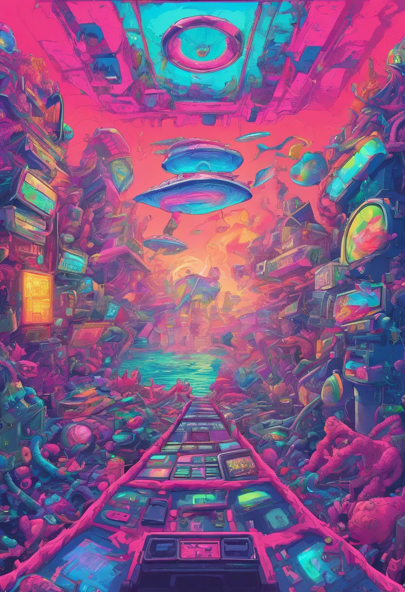 Retro valve punk , On the ruins of the seabed, monuments, Cluttered environment, Schools of mutated fish