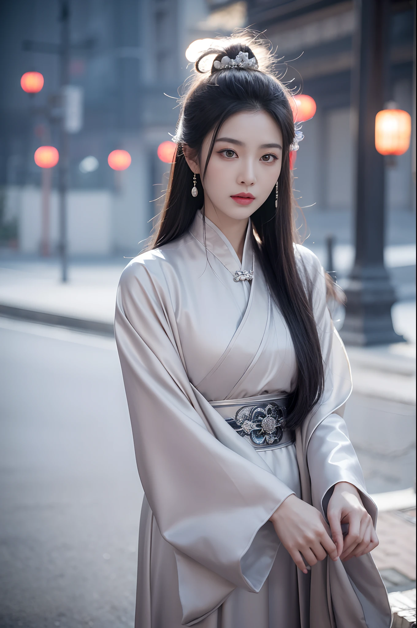Masterpiece, Best, Night, full moon, 1 female, Mature woman, Chinese style, Ancient China, Sister, Royal Sister, Cold face, Expressionless, Silver white long haired woman, Pale pink lips, calm, Intellectual, tribelt, Grey Eyes, assassins, daggers, flower ball background, Street view