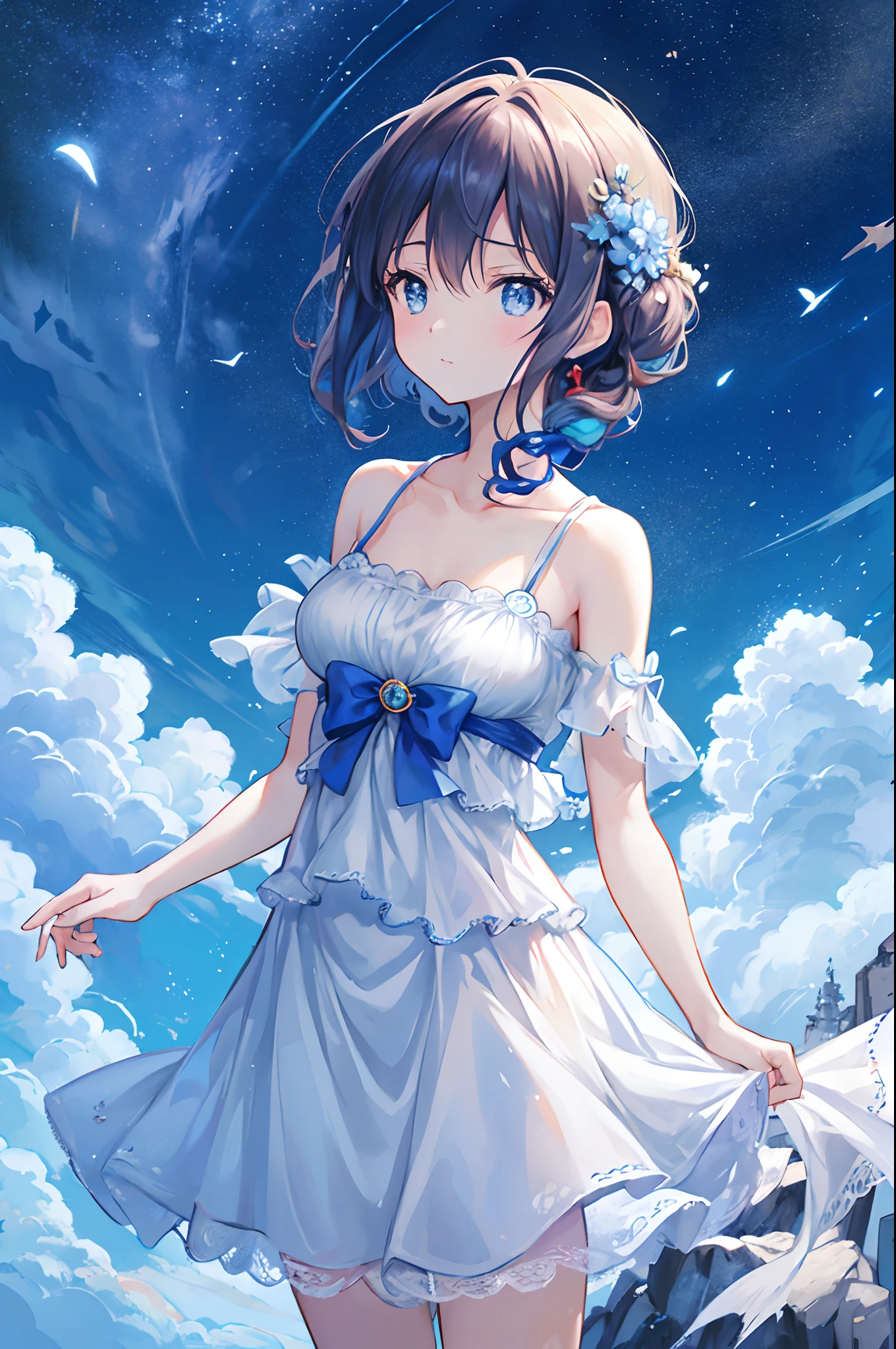 (Cinematic Digital Artwork: 1.3), High quality, masutepiece, of the highest quality, Super Detail, Illustration, [4K Digital Art]!!、 Kyoto Animation Style, One Woman, Clavicle beauty, 鎖骨, light, wanting, Blue sky, positive, challenge, motivation, brilliance, Dynamic perspective
