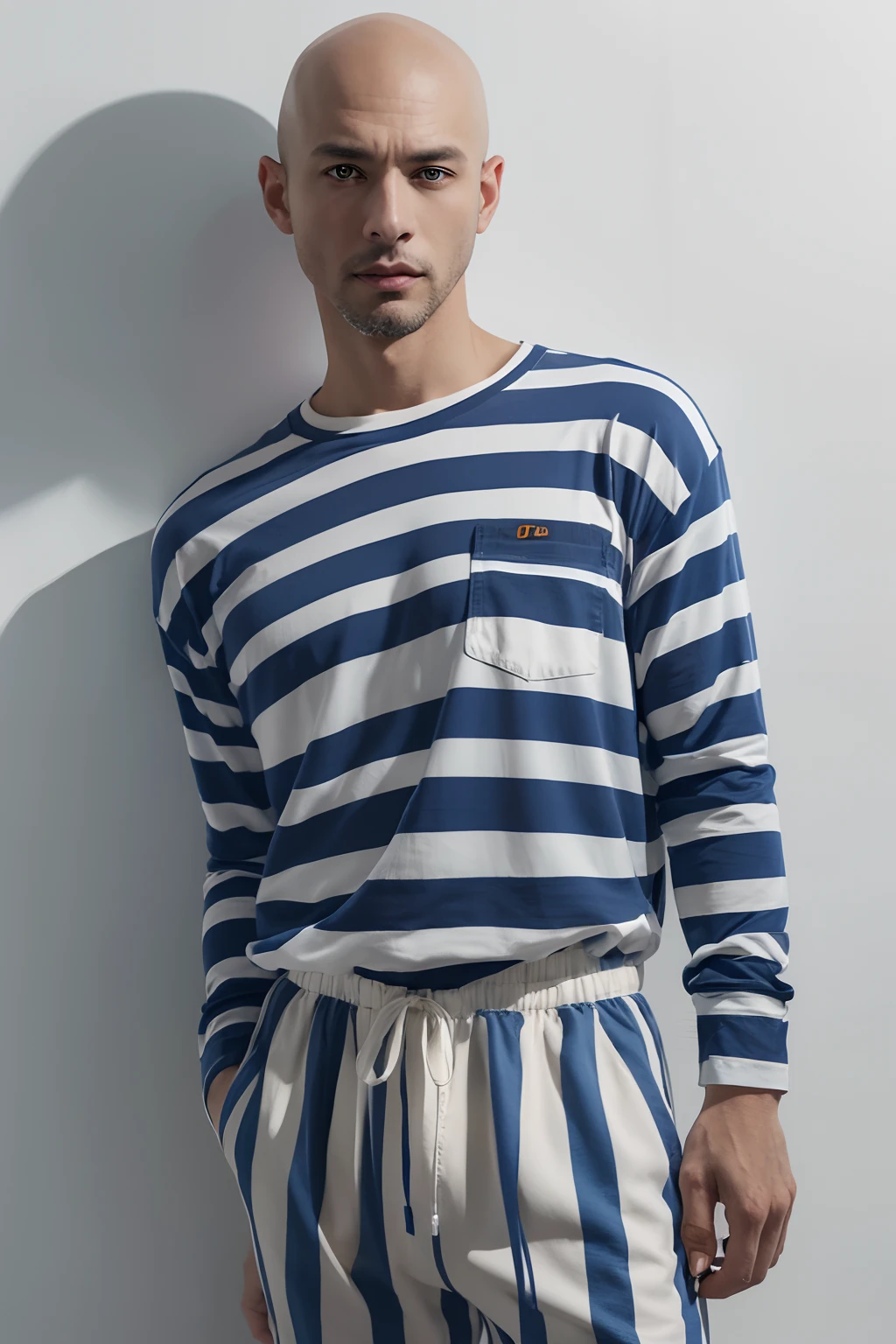 1 man ，bald-headed，The upper part of the body,  Striped clothing, The shirt, prison clothes, longer sleeves, Striped clothing, striped pants, Inside the house, prison,behind bars,White background wall, (Extremely detailed CG unified 8K wallpaper), (top-quality), (ultra - detailed), (The best illustrations), (Best shadows), hentail realism, tmasterpiece, top-quality, tmasterpiece, top-quality, tmasterpiece, top-quality, tmasterpiece, top-quality, tmasterpiece、top-quality、tmasterpiece、top-quality