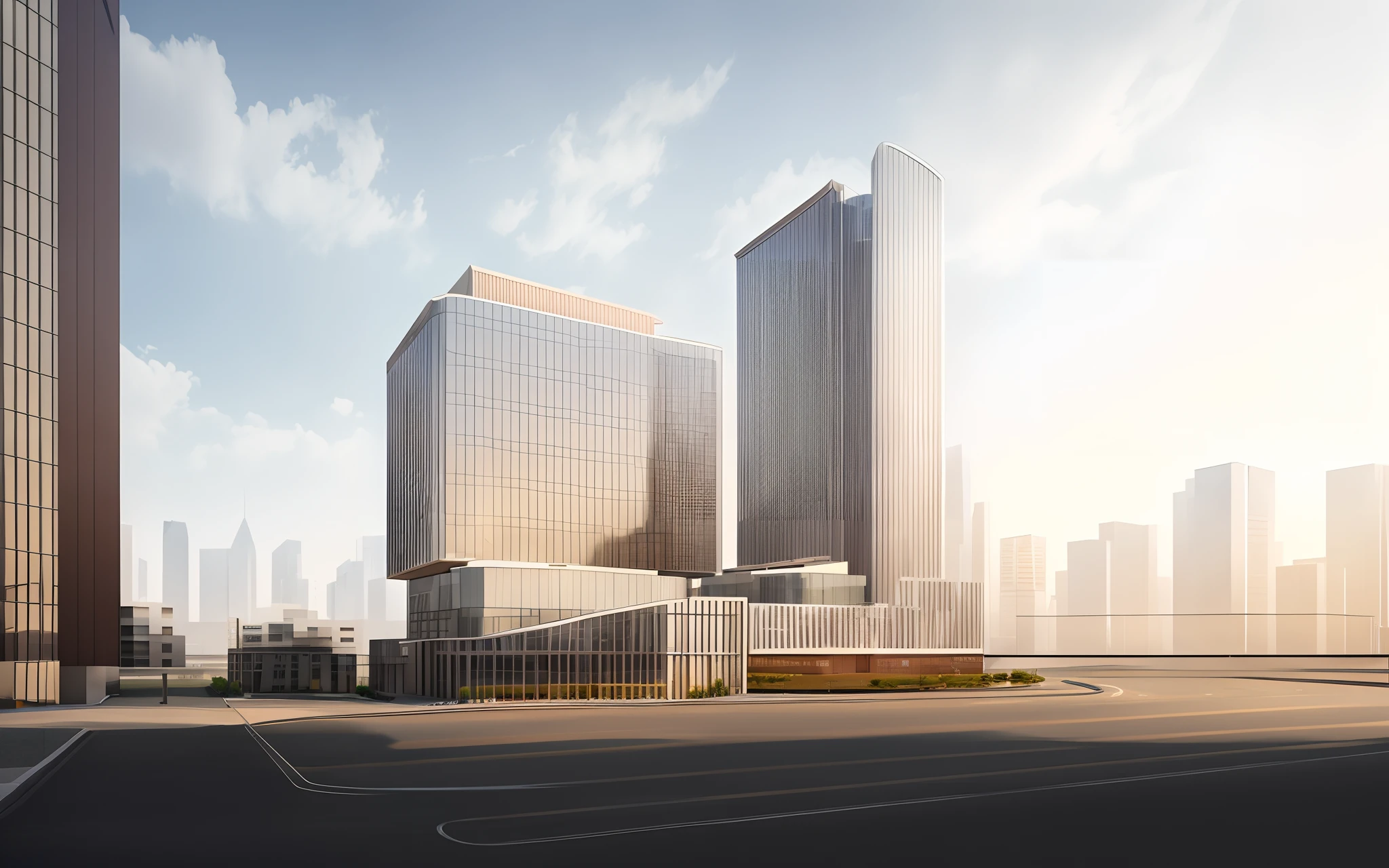 Render a modern city with a lot of high-rise buildings, Realiy，Office hotel, hq render, Detailed rendering, rendering, radiosity rendering, Two towers,