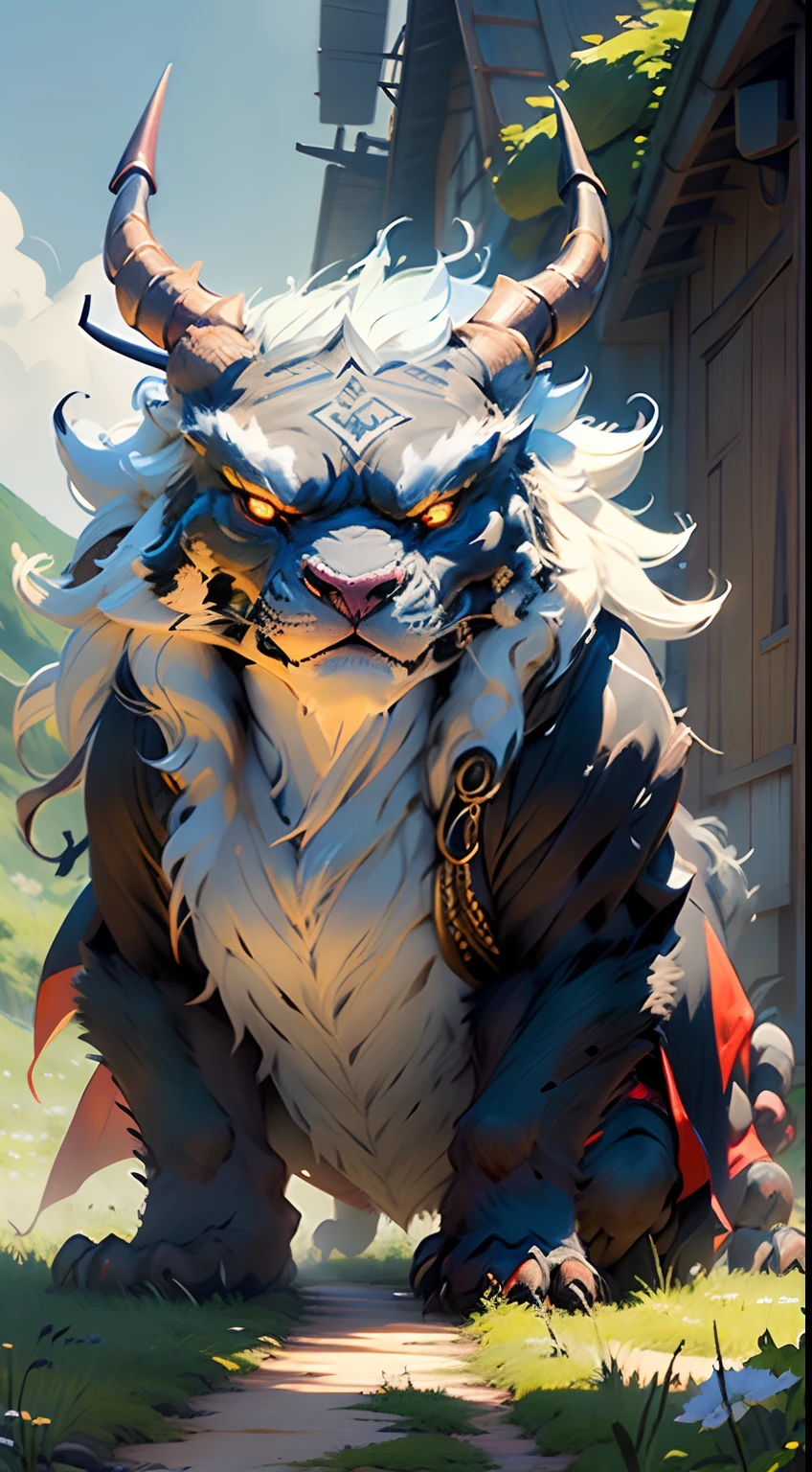 masutepiece，hight resolution，winning artwork，Majestic steppe，The first stage of the game，A terrifying demon with a horn standing in a meadow，They are intimidating us，large body，have a spear，The boss of the first stage of the game