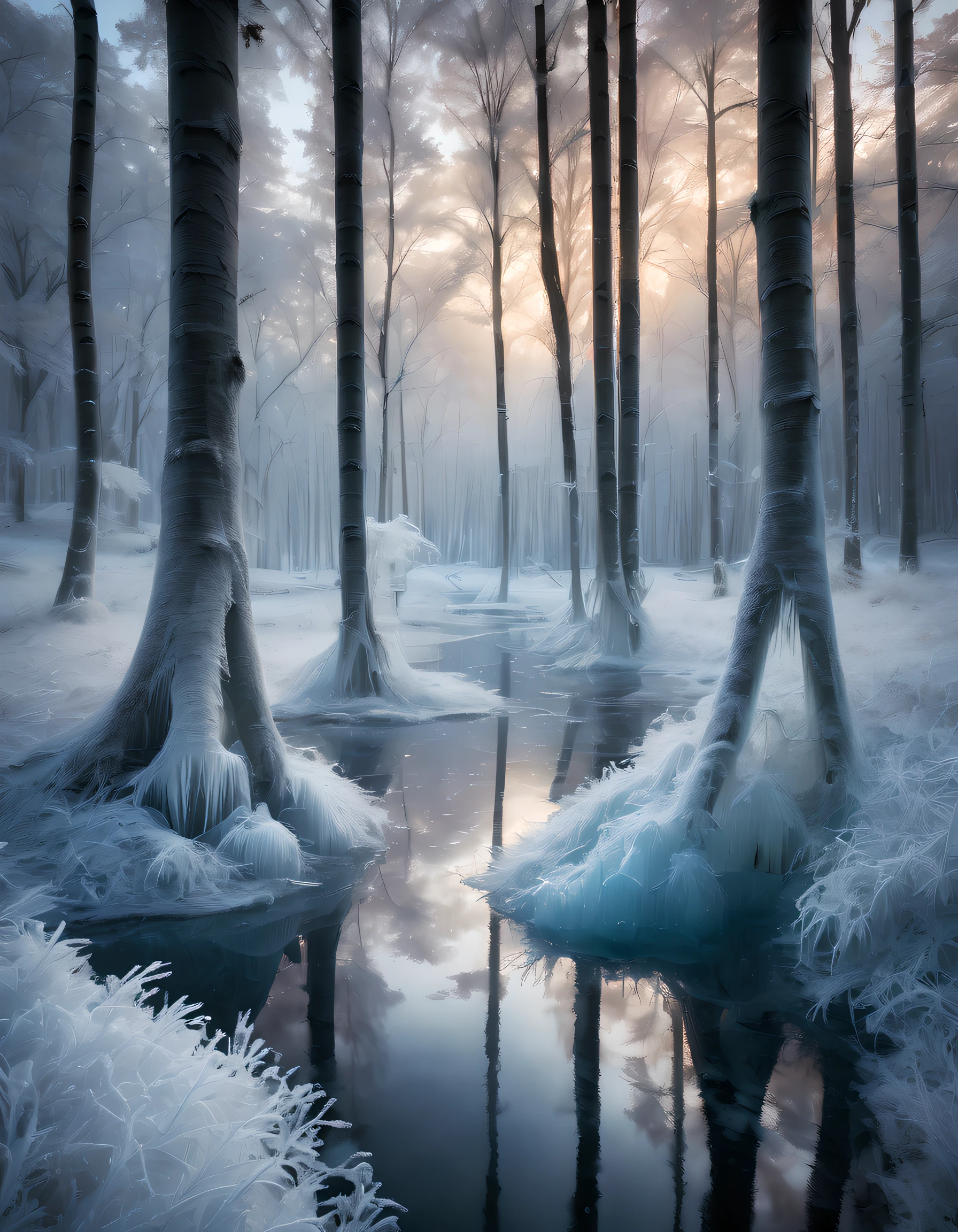 Step into a breathtaking winter wonderland with this captivating photograph featuring rime ice that creates a stunning and ethereal landscape. The composition showcases the transformation of trees and foliage into shimmering crystal sculptures, as the ice delicately clings to every surface. The interplay of light and shadow adds depth and dimension to the photograph, evoking a sense of tranquility and enchantment. Photographed by renowned nature photographer Frans Lanting
