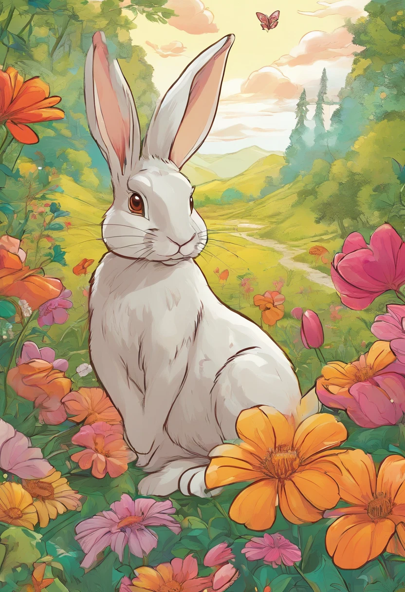 highly details, hyper-detailing,8k, Ultra-high resolution picture of a bunny and a mother bunny in the forest,Enjoy her time in the open fields,Surrounded by the beauty of nature,warm sun sprinkling on her,wildflowers gently swaying in the breeze。Butterflies and birds flutter around her,adding to the playful atmosphere,