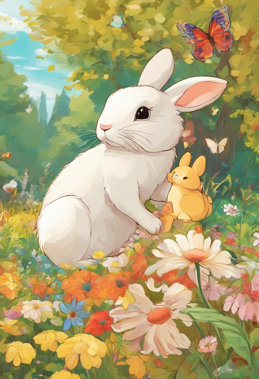 highly details, hyper-detailing,8k, Ultra-high resolution picture of a bunny and a mother bunny in the forest,Enjoy her time in the open fields,Surrounded by the beauty of nature,warm sun sprinkling on her,wildflowers gently swaying in the breeze。Butterflies and birds flutter around her,adding to the playful atmosphere,