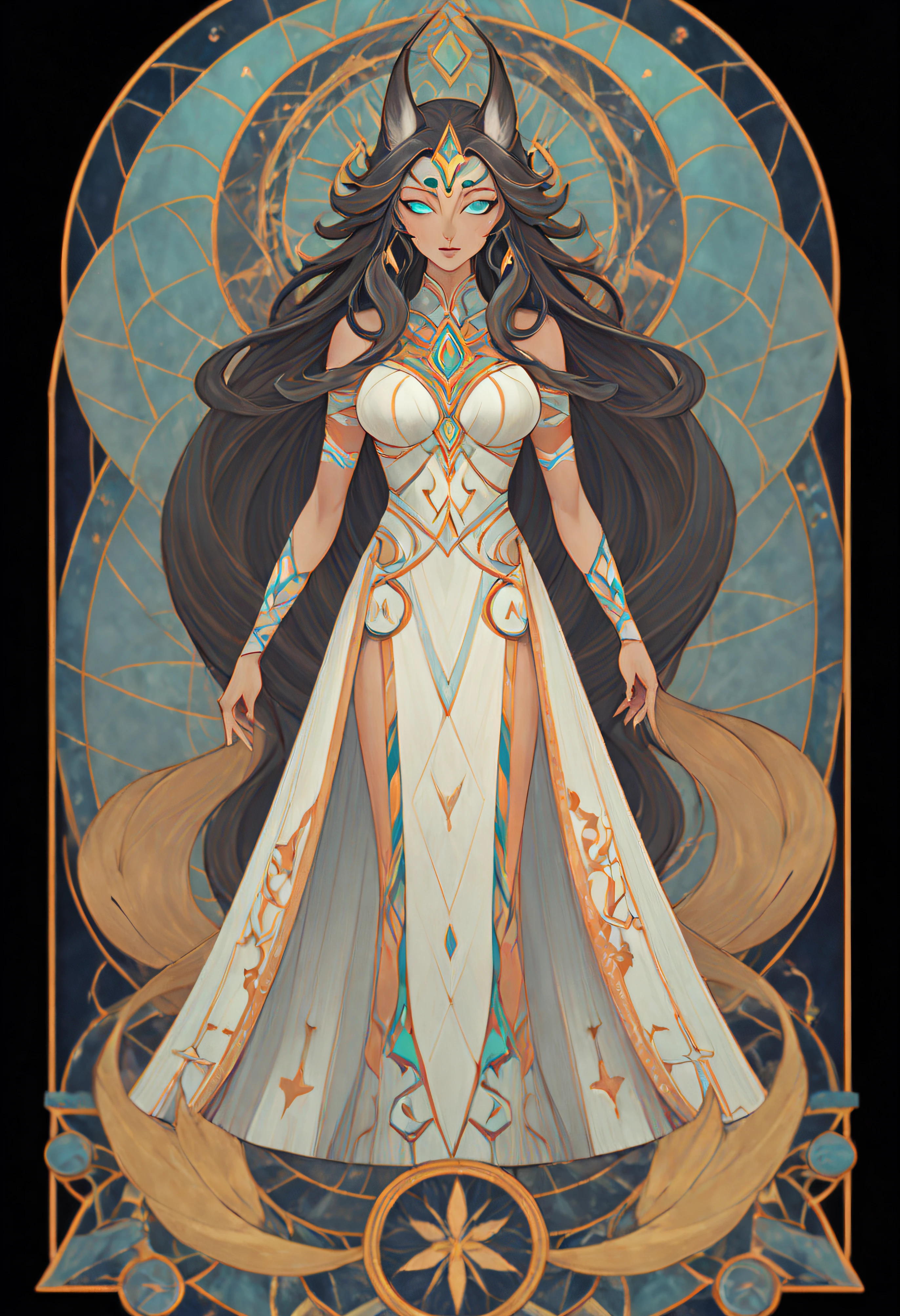 1girll, wolf women, Full body standing painting, (((独奏))), Clear facial features, Simple line design, ((tarot card background, symmetric beauty)), perfectly symmetrical, The art of symmetry, Standing drawings of characters, ((flatcolors)), tmasterpiece，top Quority，best qualtiy，超高分辨率, ((Clear facial features，beautidful eyes，beauitful face, Exquisite facial features))