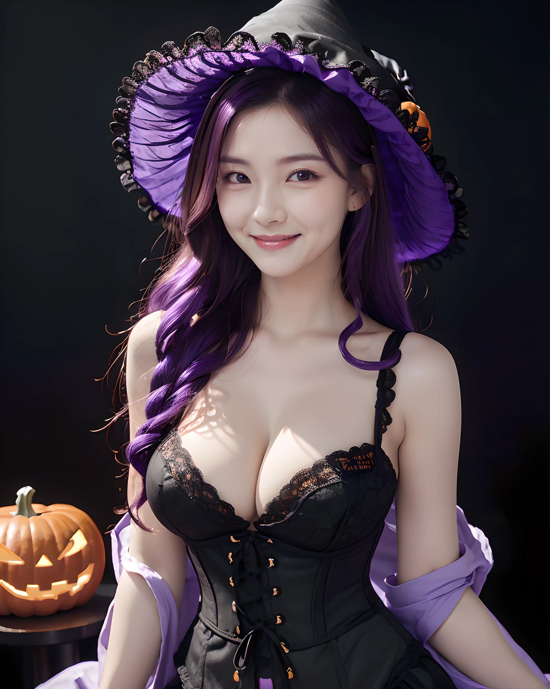 (simple black background:1.5), (Halloween theme:1.3), upper body portrait of a very busty beautiful woman wearing overbust lace corset, ultra detailed embroidery full lacy corset, frilled lacy short skirt:1.3, detailed clothes, (full lacy purple witch hat:1.3), BREAK, (;D1.3, happy evil smile:1.2)), perfect face,perfect eyes,HD details,high details,sharp focus,studio photo,HD makeup,shimmery makeup,celebrity makeup, (bust up image:1.5), ((centered image)) (HD render)Studio portrait,magic, magical, fantasy,(huge breasts)(large breasts),(big breasts),(sagging breasts), wavy curly hair:1.3, (purple hair:1.3), (front view:1.3), from below, low angle,