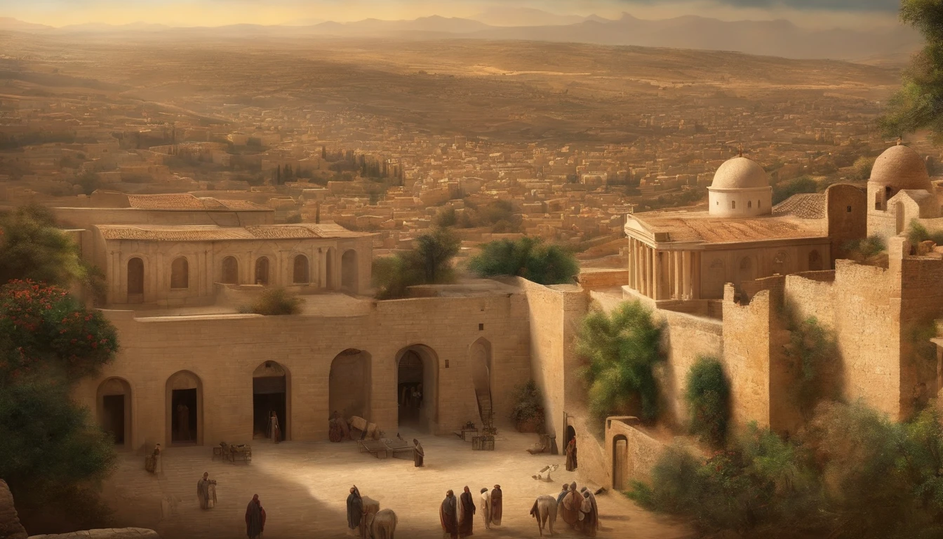 Bird's eye view Jesus walked into the city-state of Israel with his back to the bright tone of the oil painting style