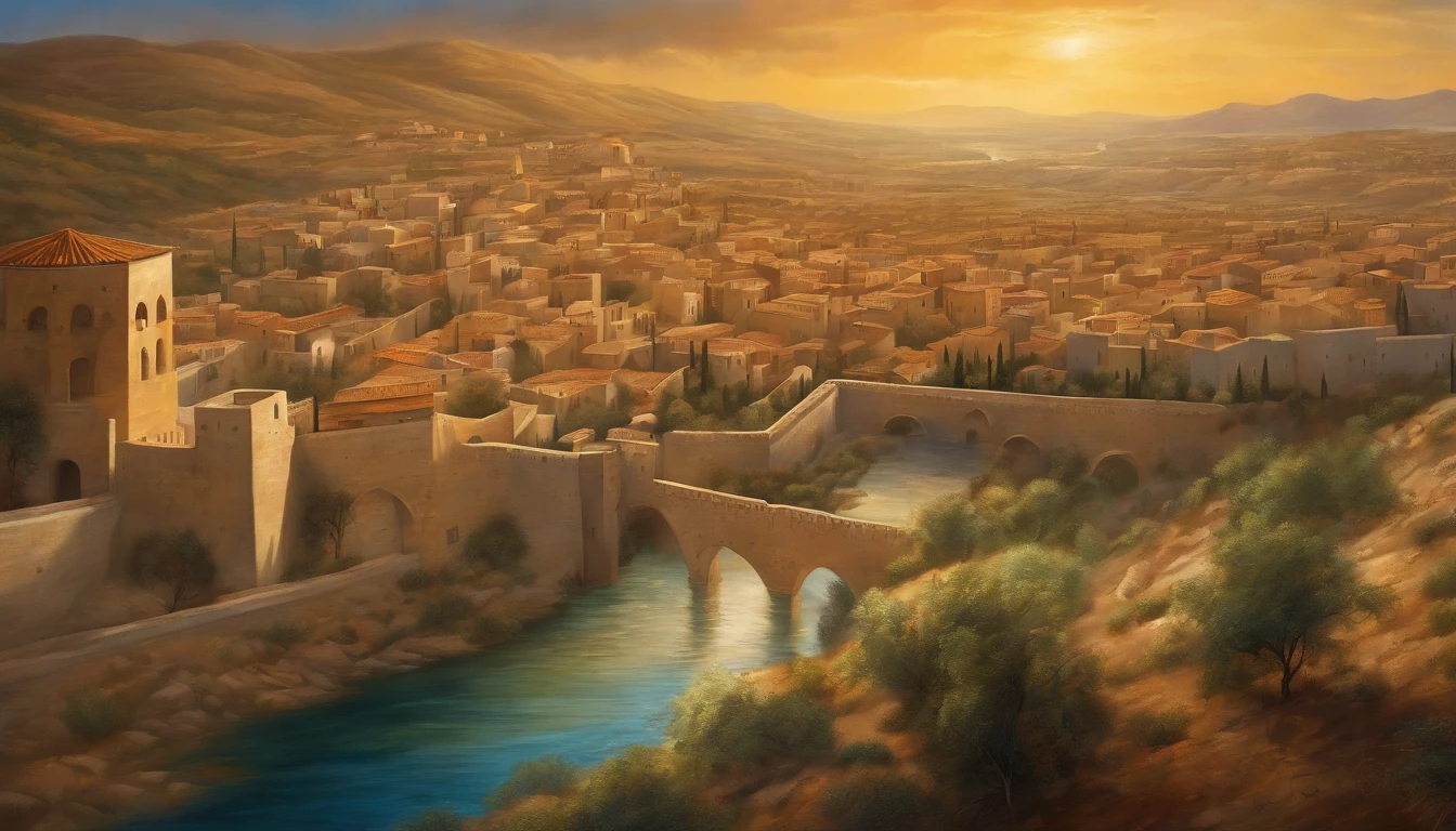 Bird's eye view Jesus walked into the city-state of Israel with his back to the bright tone of the oil painting style
