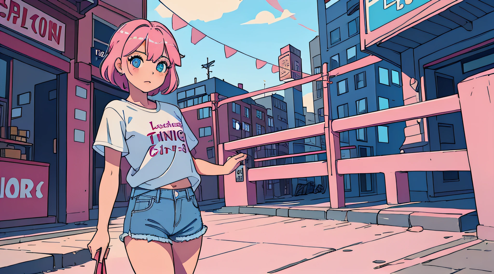 1Girl, Pretty girl, short pink hair, blue eyes, wearing Liverpool 23/24 shirt, denim shorts, city, absurdres, high res, ultrasharp, 8K, masterpiece, looking at viewer