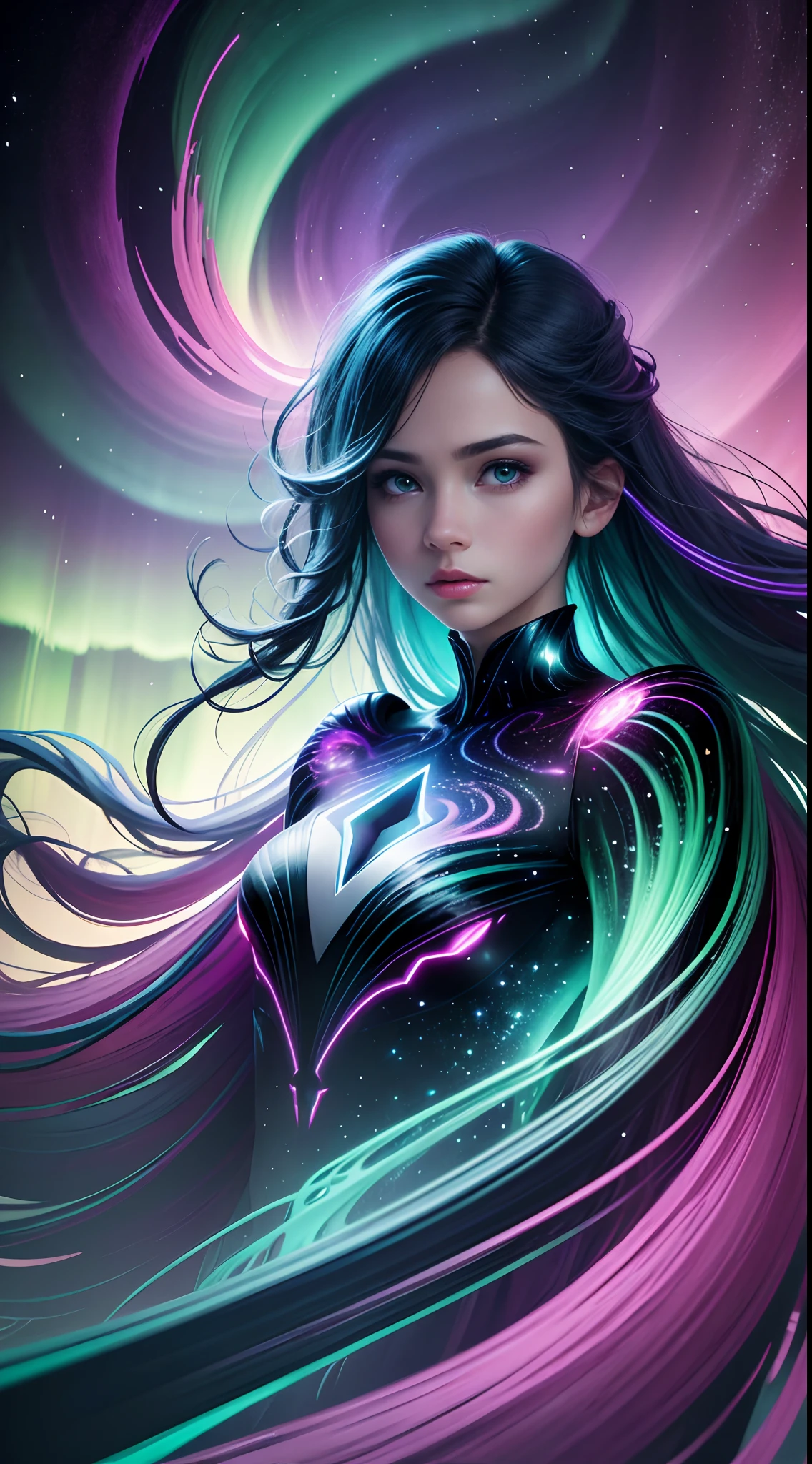 tmasterpiece, 4K, Hyper-Resolution, Optimal image resolution,aurora borealis，This stunning illustration depicts an abstract portrait of a young girl in the Northern Lights, A chaotic storm of aurora erupted in his mind，ModelShoot style，（multiple exposure：1.8），The transparent and ethereal girl's face blends with the aurora,Express your thoughts, Emotions and dreams in surreal and magical landscapes. Use bright colors and meaningful symbols to reflect the complexity of the human mind，Epic surrealist style，Epic dreamy style，epic digital art illustration