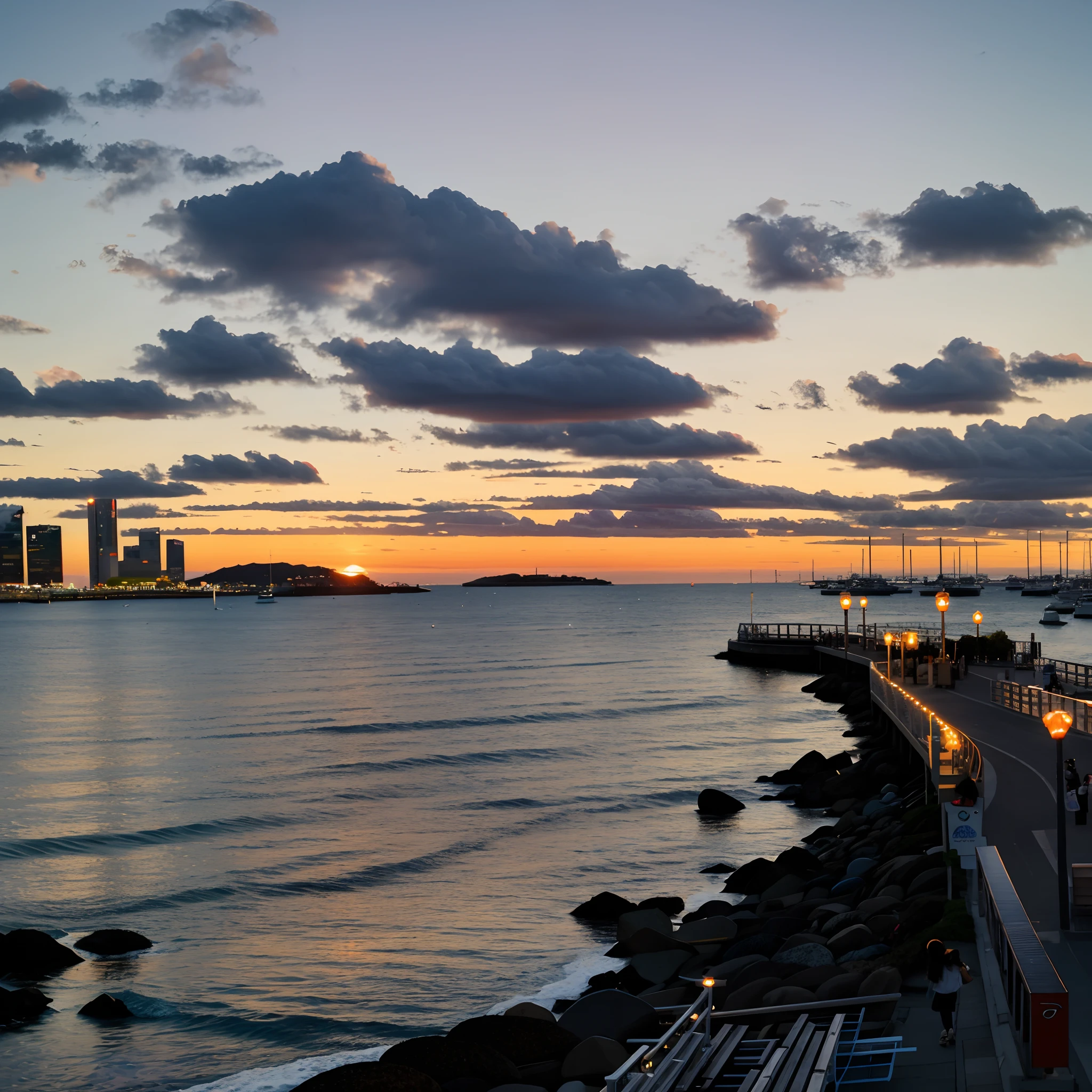 Panoramic view of the marina,There are benches and lights on it, taken with sigma 2 0 mm f 1. 4, sunset kanagawa prefecture, shot with a canon 20mm lens, taken with sony alpha 9, author:Tom Wenerstrand, taken at golden hour, the sea seen behind the city, shot on iphone 1 3 pro max, nice sunset