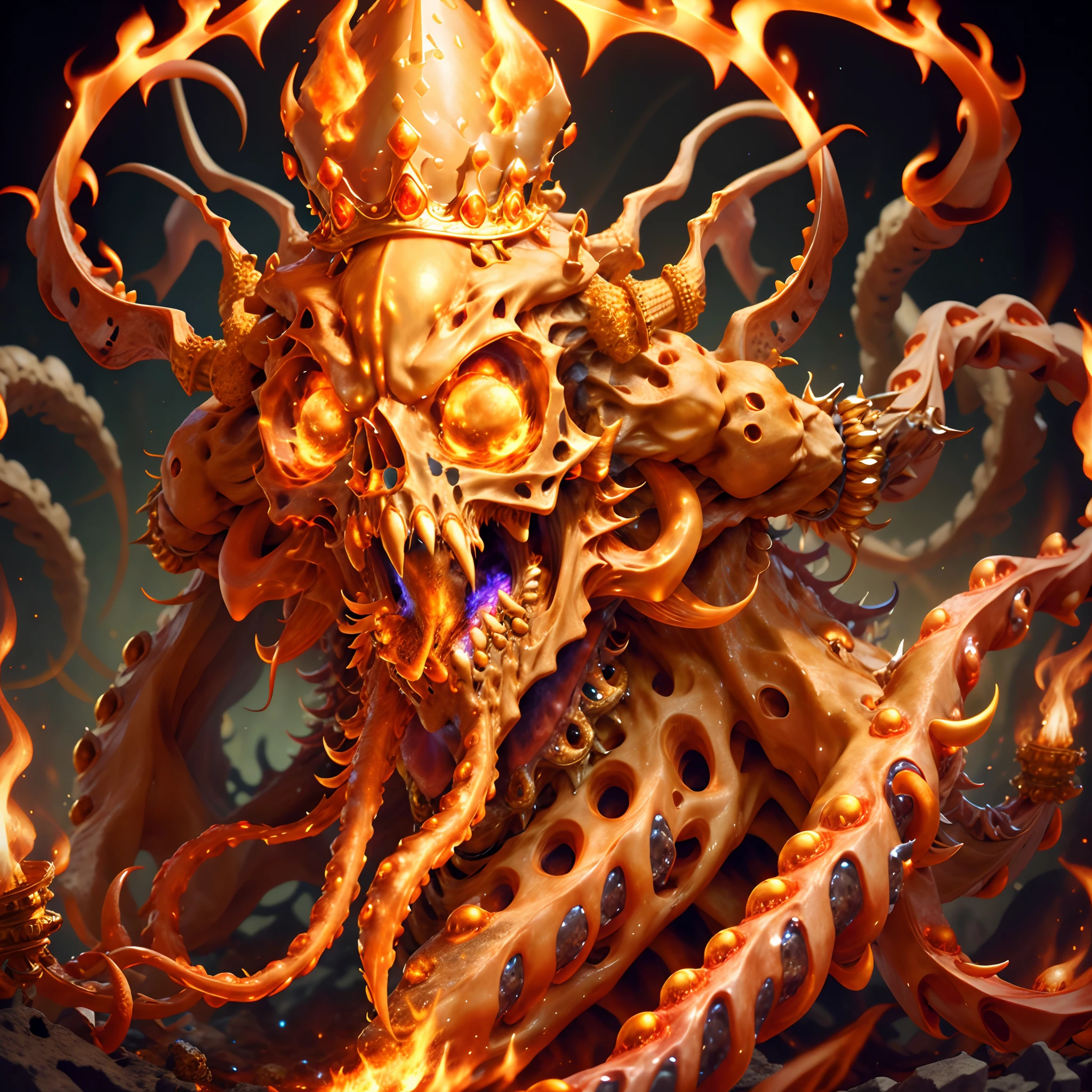 U61yCre4ture skull with tentacle, wearing crown, golden teeth, golden necklace, fire effects, glowing orange