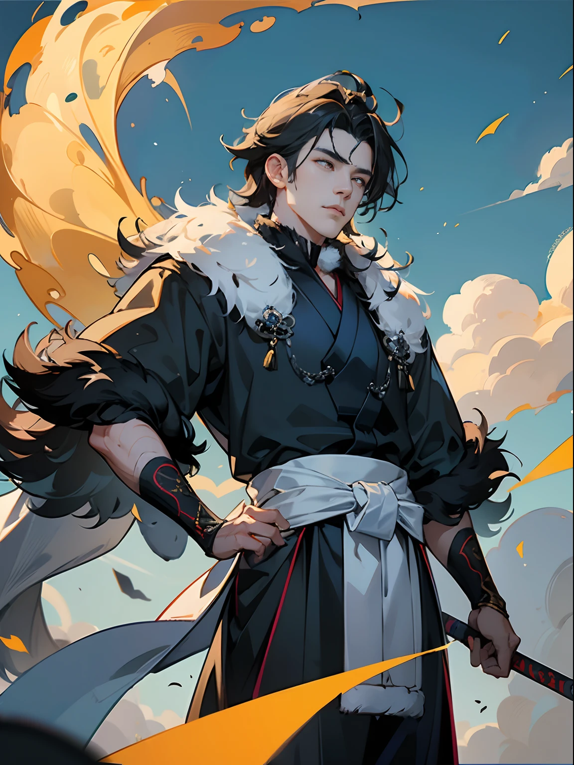 8K分辨率、((top-quality))、((tmasterpiece))、((ultra - detailed)),ancient Chinese style mythology,male people,emperor,monarch,Inspired by Qin Shi Huang,Black and white color scheme,Thick hair,thick mustache,(mtu:1.5),Robes,Dragon embroidery,With a sword at his waist,((diadems,Mian Xuan:1)),vellus hair,((Fur collar:1.5)),Condescending to call the shots,Raise your hand,(royal palace:1.5),(There are streamers behind you:1),((blue-sky)),(baiyun),Auspicious clouds,Light effect,Particle,mighty,2K, best qualtiy,Masterpiece, Super detail, High details,Well-made beard,,(High- sharpness,ultra - detailed), tmasterpiece, 独奏, High detail, (A high resolution, ultra - detailed), Cinematic lighting, Motion blur, Ray tracing, reflective light, Masterpiece, Best quality, High quality, Anatomically correct, Textured skin, High details, Super detail, 1080p, hyper HD,