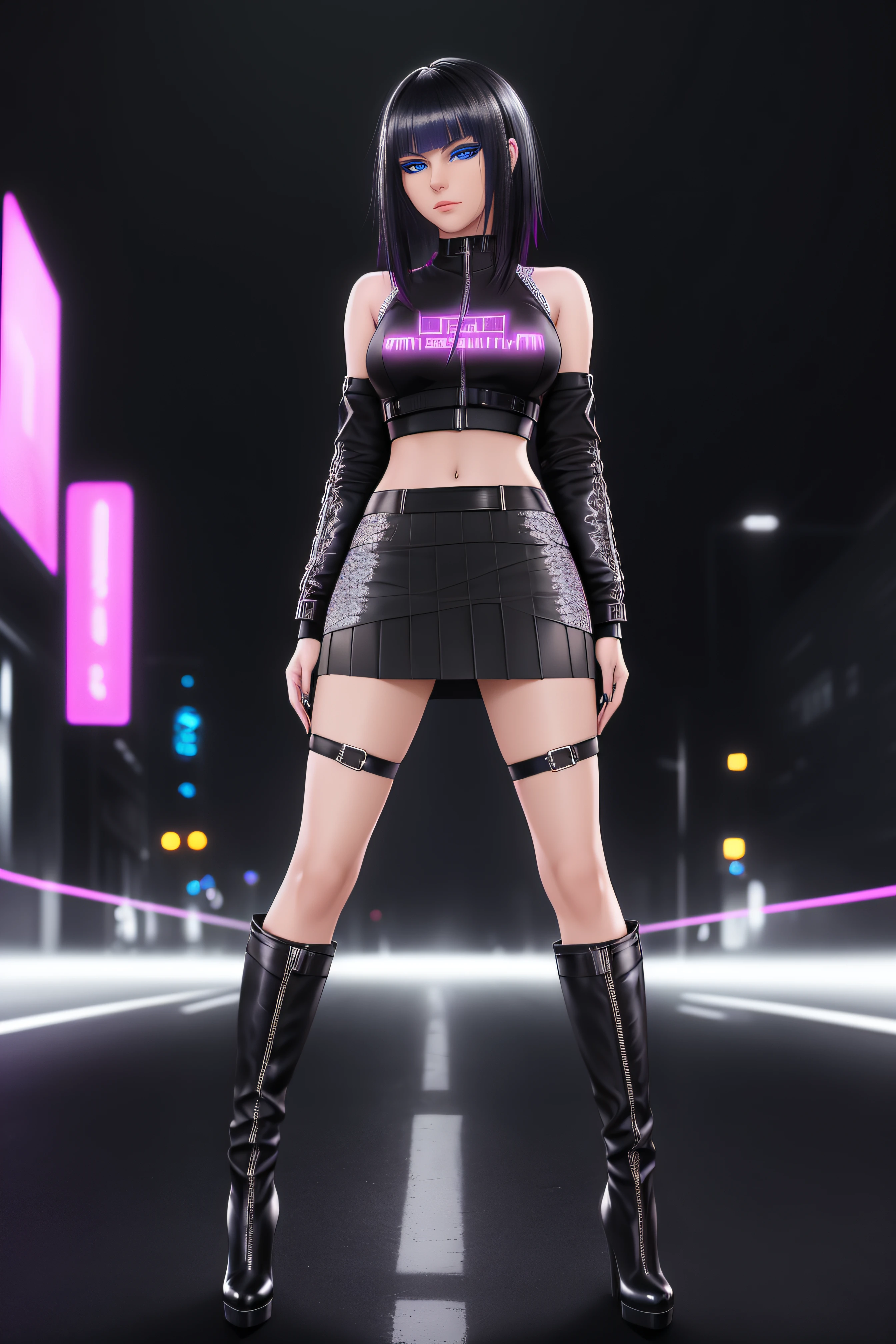 beautiful girl, ((standing:1.4)), (confident gaze:1.1), full body, short bright neon streaked black hair, ((realistic highly detailed eyes:1.4)), ((seductive pose:1.2)), black eyeshadow, (street style wear:1.2), ((tight fitted skirt)), ((knee high leather boots)), (dark city night black background:1.4), dark makeup, digital art, trending on artstation, highly detailed, fine detail, intricate, detailed facial features, sharp focus, smooth, aesthetic,