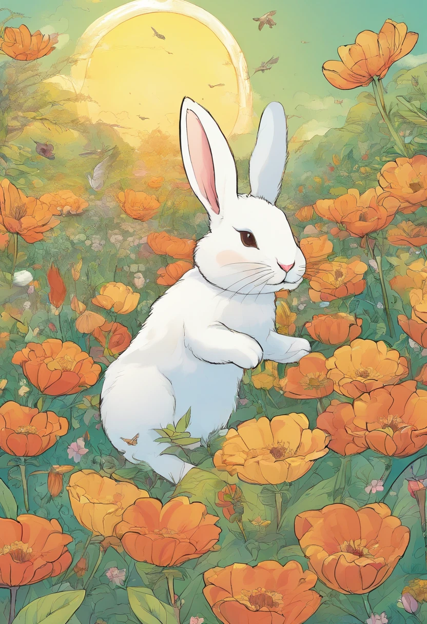 highly details, Hyper-detailing,8K,Picture of a bunny and a chick playing together,Enjoy her time in the open fields,Surrounded by the beauty of nature,warm sun sprinkling on her,wildflowers gently swaying in the breeze。Butterflies and birds flutter around her,adding to the playful atmosphere,