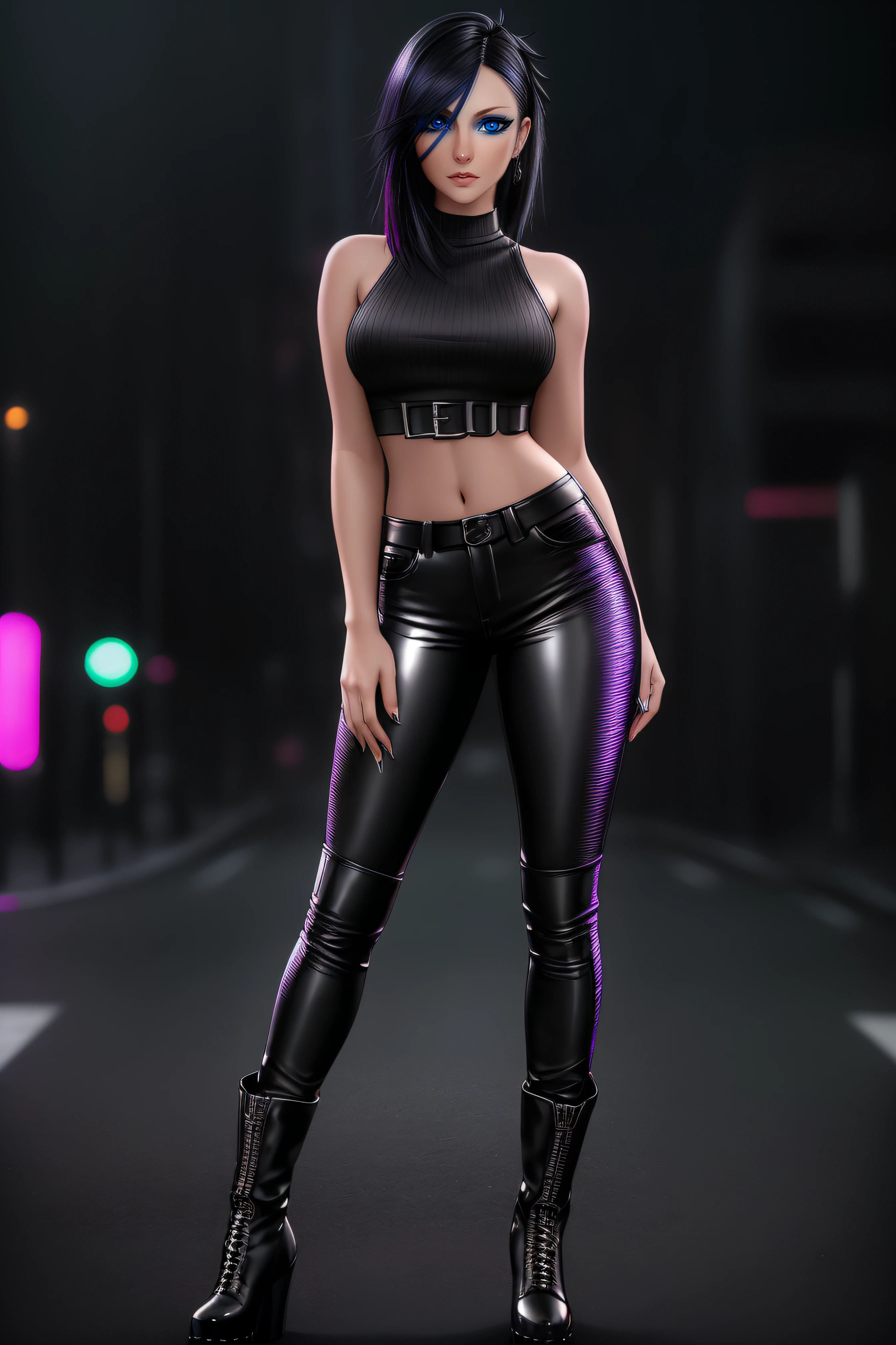 beautiful girl, ((standing:1.4)), (confident gaze:1.1), full body, short bright neon streaked black hair, ((realistic highly detailed eyes:1.4)), ((seductive pose:1.2)), black eyeshadow, (street style wear:1.2), ((tight fitted pants)), ((knee high leather boots)), (dark city night black background:1.4), dark makeup, digital art, trending on artstation, highly detailed, fine detail, intricate, detailed facial features, sharp focus, smooth, aesthetic,