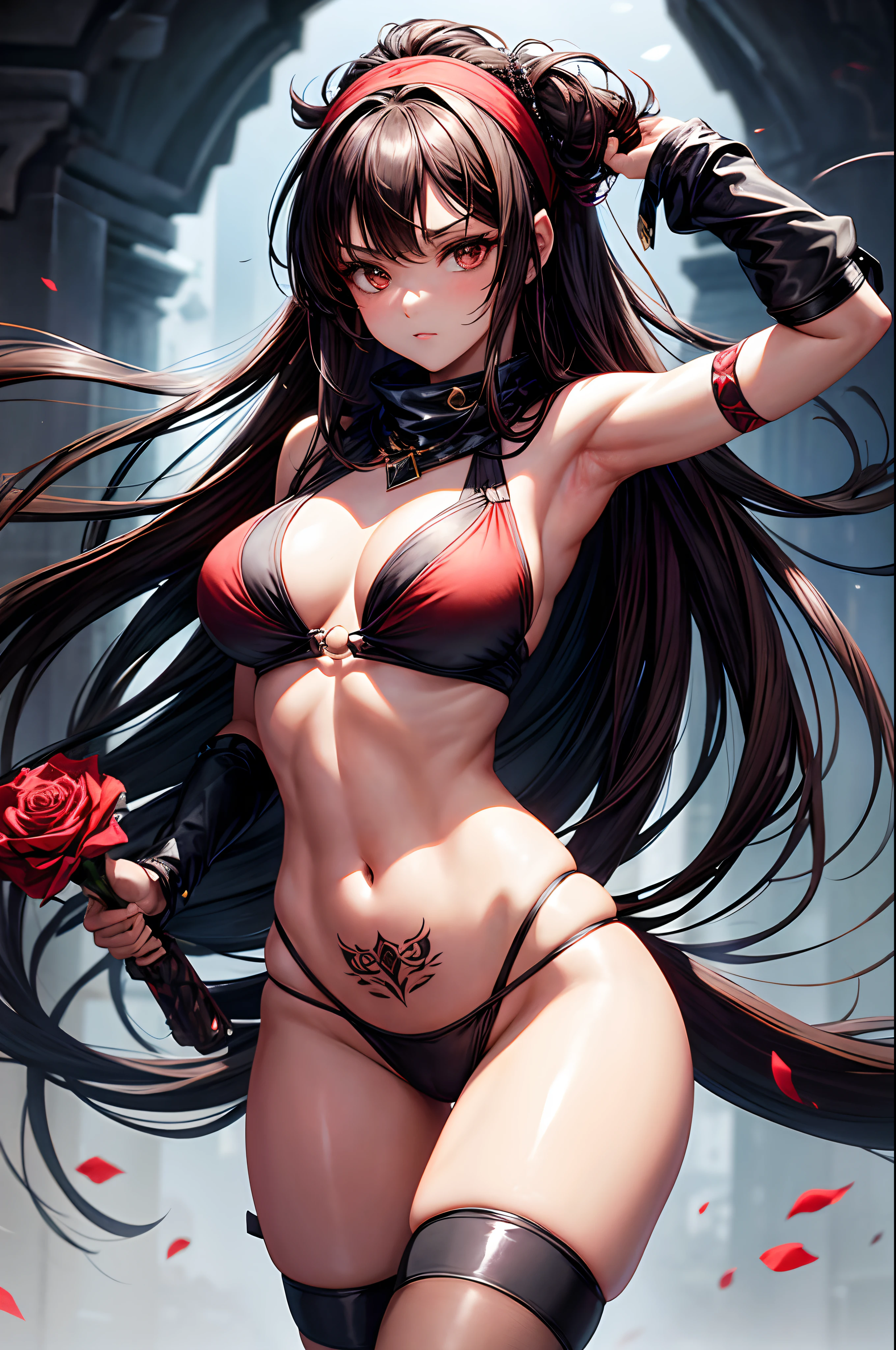 She has long dark brown/black hair that comes mid-way down her back with bangs in the front and long forelocks and brown eyes. She has a well-toned but surprisingly voluptuous figure. She is also one of the most fair-skinned, she wears a black headband with a white shuriken emblem on it. She also wears a long red scarf around her neck with the ends hanging down her back. She's dressed in a swimsuit mesh garment- with red and black segments visible underneath, a prominent tattoo of a red rose in bloom, covering the area between her navel and right hip. She wears shiny metal Samurai-style arm guards over her forearms and hands. She wears black tabi socks and straw sandals with Kôgake armor.  weapon in hand