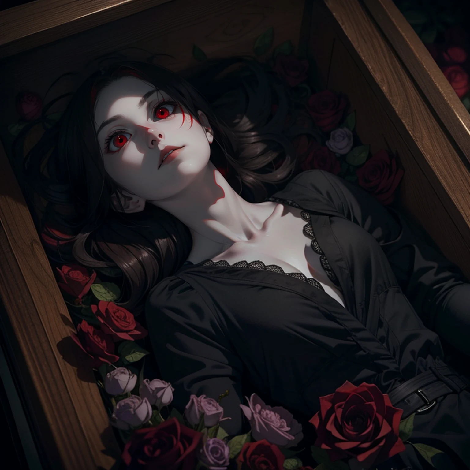 Realistic and detailed image of a beautiful and dead woman, Dark and pale skin, 20 years old, Lying in the coffin with a livid face, Red and demonic eyes opened