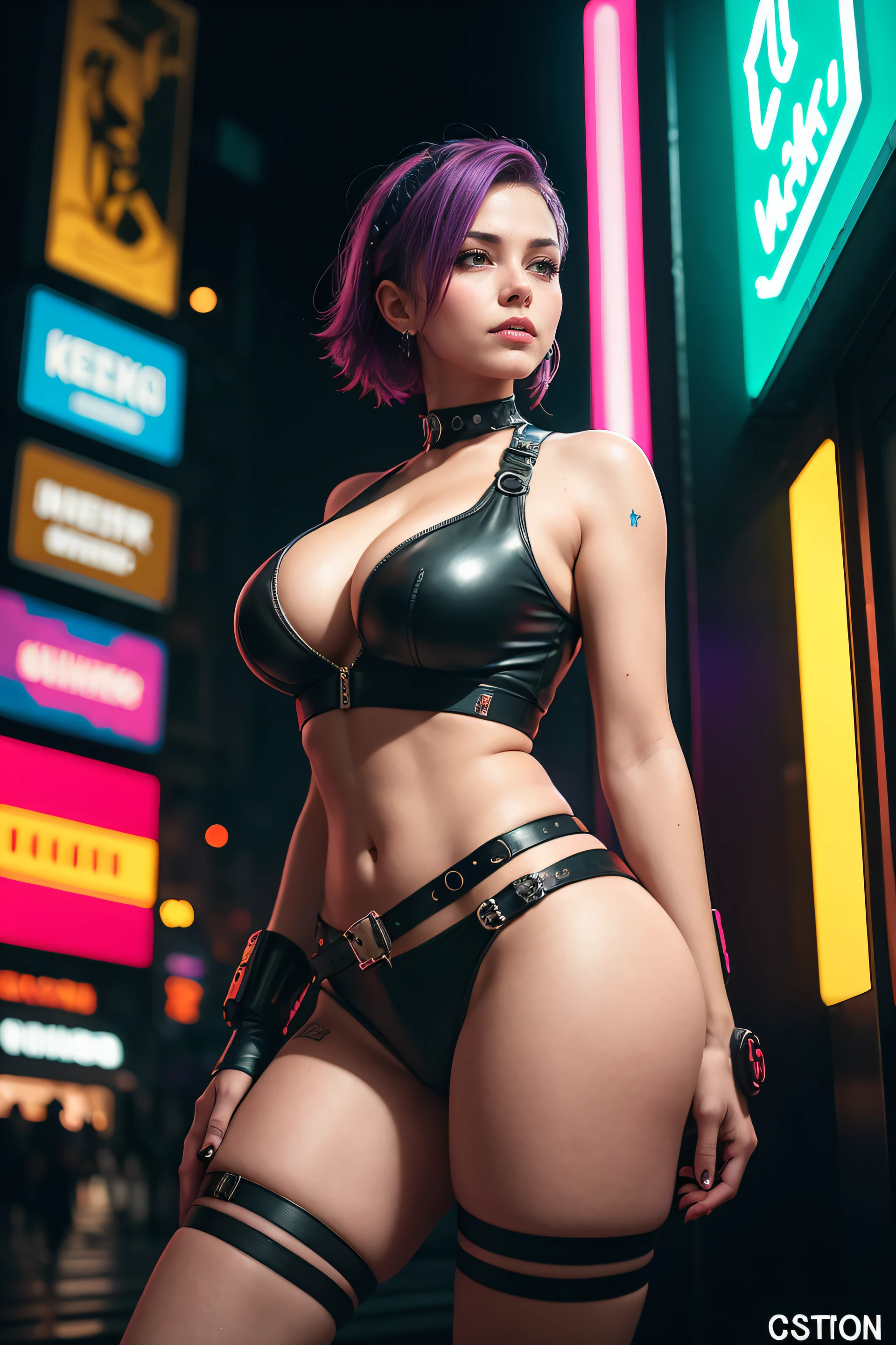 there is a woman standing with a rainbow light, 3 d neon art of a womans body, neon-noir background, cyberpunk femme fatale, seductive cyberpunk dark fantasy, cyberpunk strip clubs, cyberpunk 20 y. o model girl, oppai cyberpunk, banner, high definition cgsociety, cgsociety masterpiece, trending on cgstation, kda