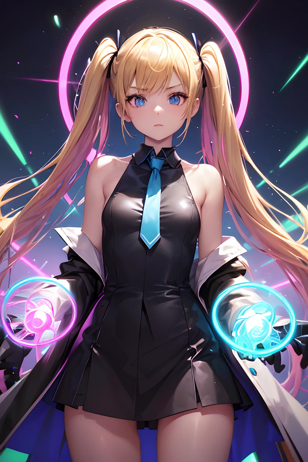 (masutepiece, Best Quality:1.3), (Ultra-detailed:1.3), 1girl in, Solo, (Blue hair, hair messy, Long hair), , flat chest, Yellow eyes, (White shirt, black necktie, Black coat, Open coat), Cowboy Shot, Cinematic lighting, (((Glowing particles of light))), (arms behind back), Dynamic Angle,(((Petite girl with blonde twin tails))),neon color,magic circles,Pink Neon Tube,Blue Neon Tube,Green Neon Tube,masterpiece,Professional drawing,mirror ball,myst,Eau,Pink Neon Eyes,Jumpy,Sexy lace,shiny,Glossy lips,