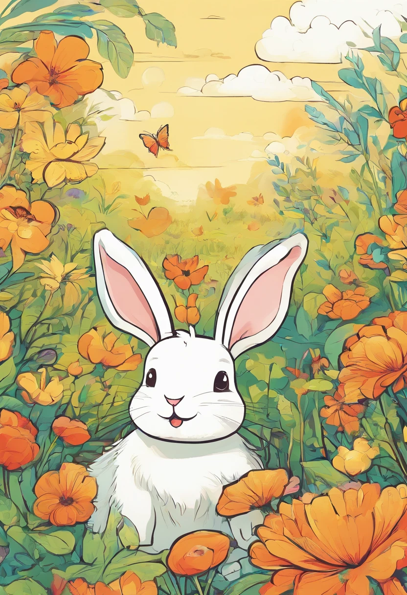 highly details, Hyper-detailing,8K，Picture of a bunny and a chick playing together，Surrounded by the beauty of nature,warm sun sprinkling on her，wildflowers gently swaying in the breeze。Butterflies and birds flying，adding to the playful atmosphere,