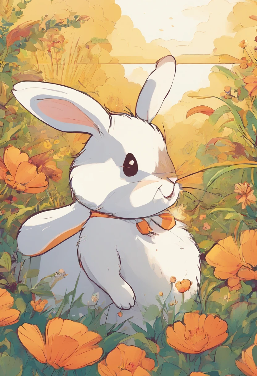 highly details, Hyper-detailing,8K,Picture of a bunny and a chick playing together,Surrounded by the beauty of nature,warm sun sprinkling on her,wildflowers gently swaying in the breeze。Butterflies and birds flying,adding to the playful atmosphere,