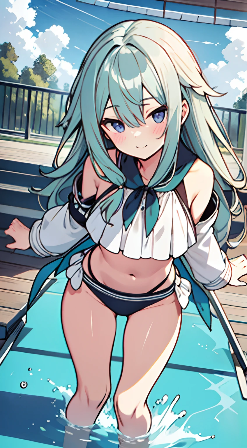 masuter piece, Best Quality,32K、Wallpaper, ultra -detail, Absurd beauty, 1beautiful girl、Big crisp eyes、Hair fluttering in the wind、Slender legs、Smaller head、miscievous smile、Angle looking down from above:1.3、♡♡♡、(Poses in motion)、The bikini、swimming pools:1.3、ample breasts