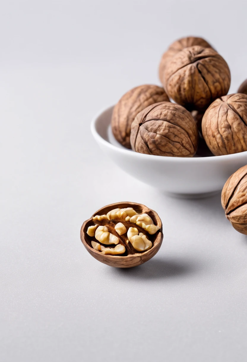 A walnut is placed on the table,White background,High quality, Best quality, A high resolution, photography of,up-close