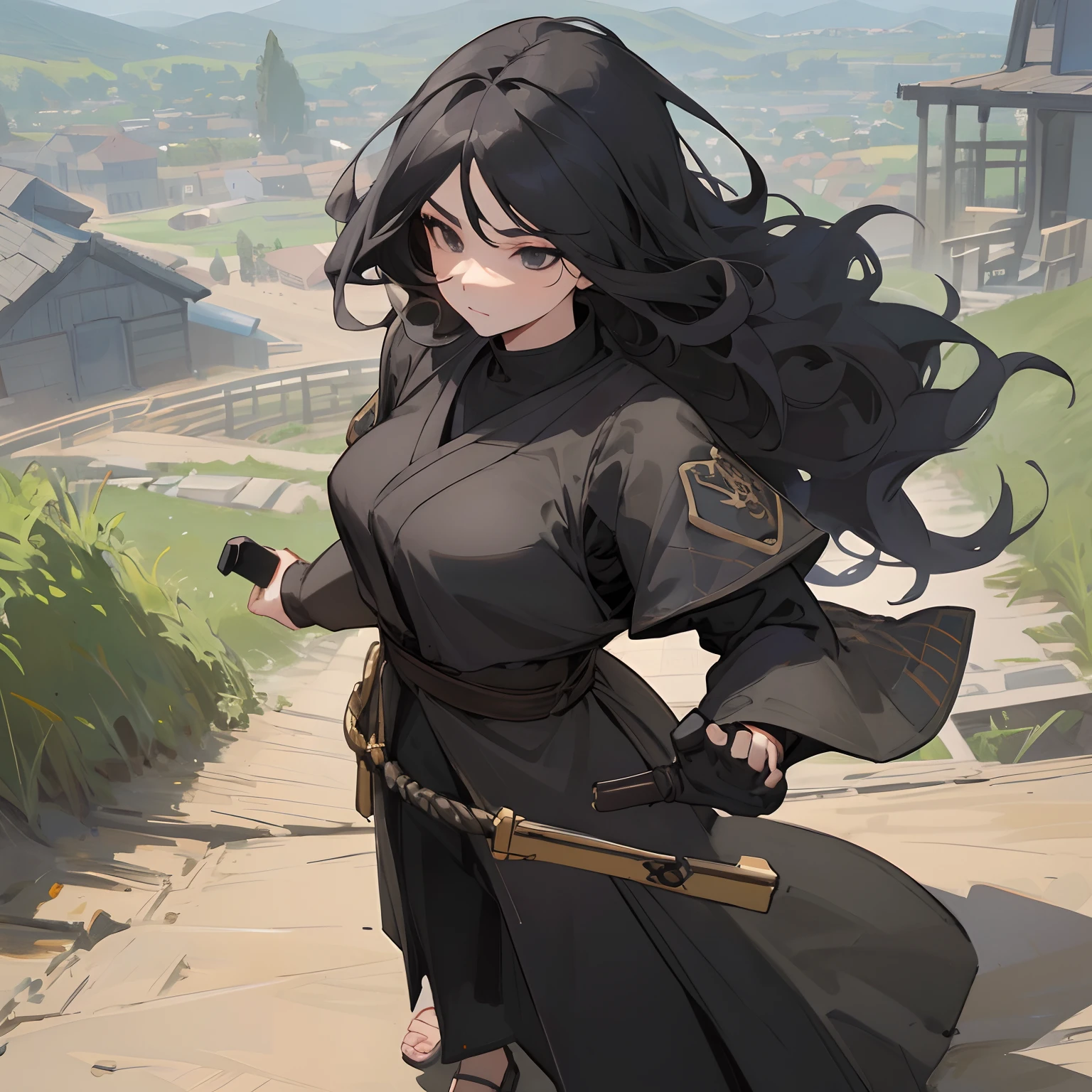 black hair,long wavy hair,detailed black clothing,ninja clothing,somber expression,detailed black eyes,sunny village background,standing on path,adult,curvy,(best quality,4k,8k,highres,masterpiece:1.2),studio lighting