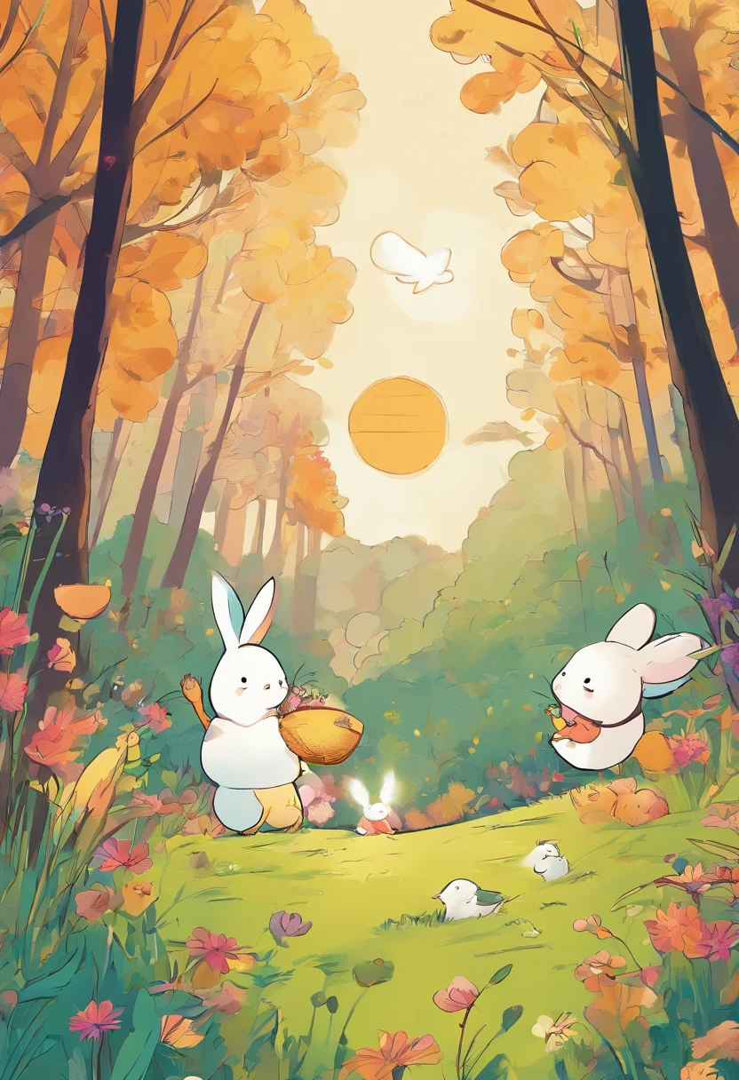 highly details, hyper-detailing,8k， Ultra-high resolution picture of bunnies and chicks in the forest，Enjoy her time in the open fields，Surrounded by the beauty of nature,warm sun sprinkling on her，wildflowers gently swaying in the breeze。Butterflies and birds flutter around her，adding to the playful atmosphere,