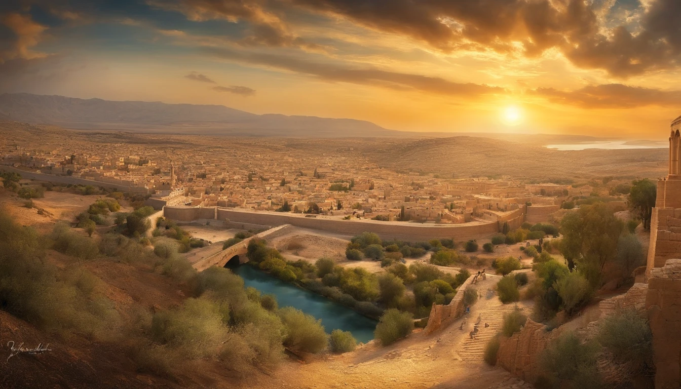 Bird's eye view Jesus walked into the city-state of Israel with his back to the bright tone of the oil painting style There should be no river