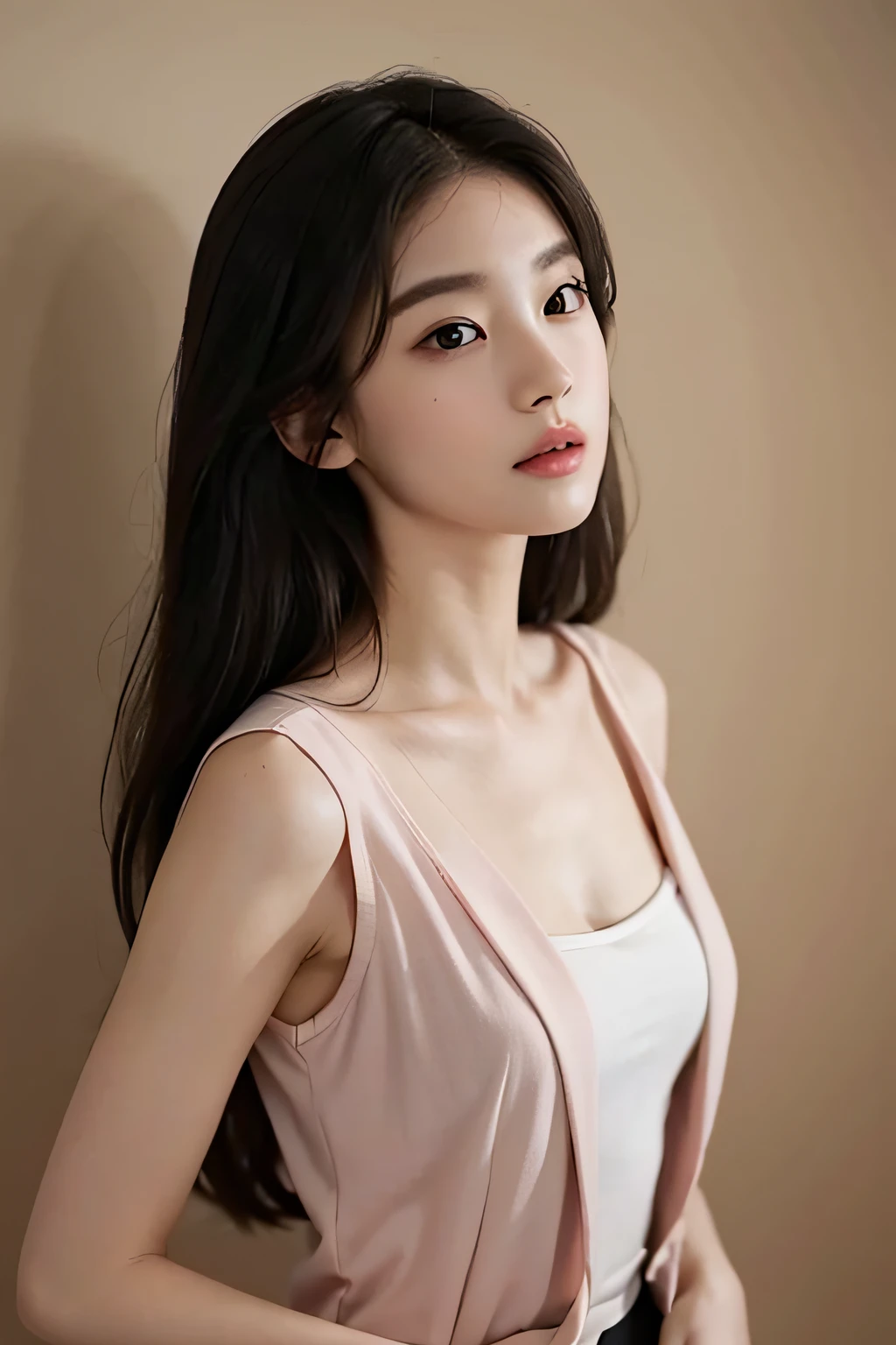 Gentle and beautiful woman, half body photo, Delicate and sexy collarbone, charming oval face, Double eyelids, Smart peach blossom eyes, Pink lips, small nose, Bare shoulders, Focused face, Face Close-up, The ultra -The high-definition, Super Details, elegant standing, Black British College Style Double Breasted Casual Loose Korean Style Small Suit Jacket, Pair with a black pleated skirt suit
