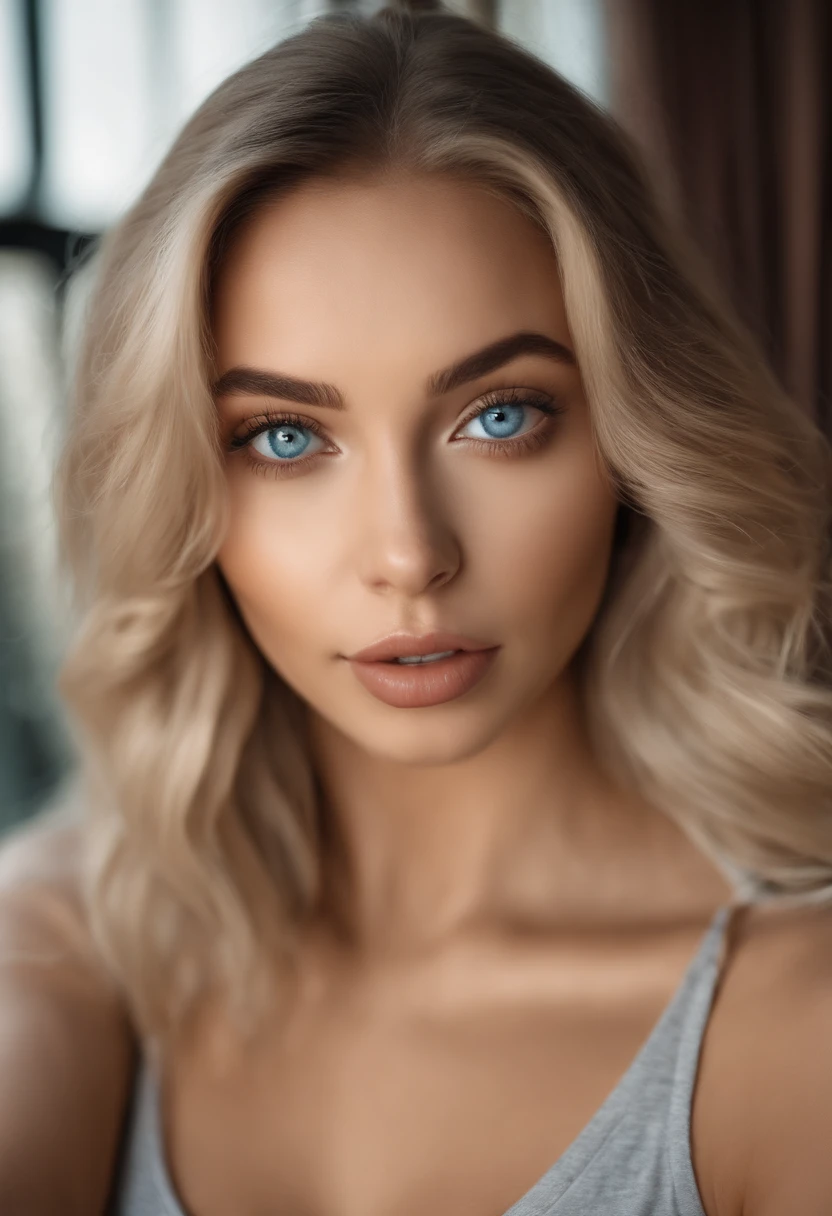 arafed woman fully , sexy girl with blue eyes, ultra realistic, meticulously detailed, portrait sophie mudd, blonde hair and large eyes, selfie of a young woman, bedroom eyes, violet myers, without makeup, natural makeup, looking directly at the camera, face with artgram, subtle makeup, stunning full body shot kneeling on bed, in bedroom, medium to large size bust, RAW UHD FORMAT (blue-green eyed woman), Hair!, glistering. highly detailed glossy eyes (looking at camera), detailed skin pores, suntan, complex eye details