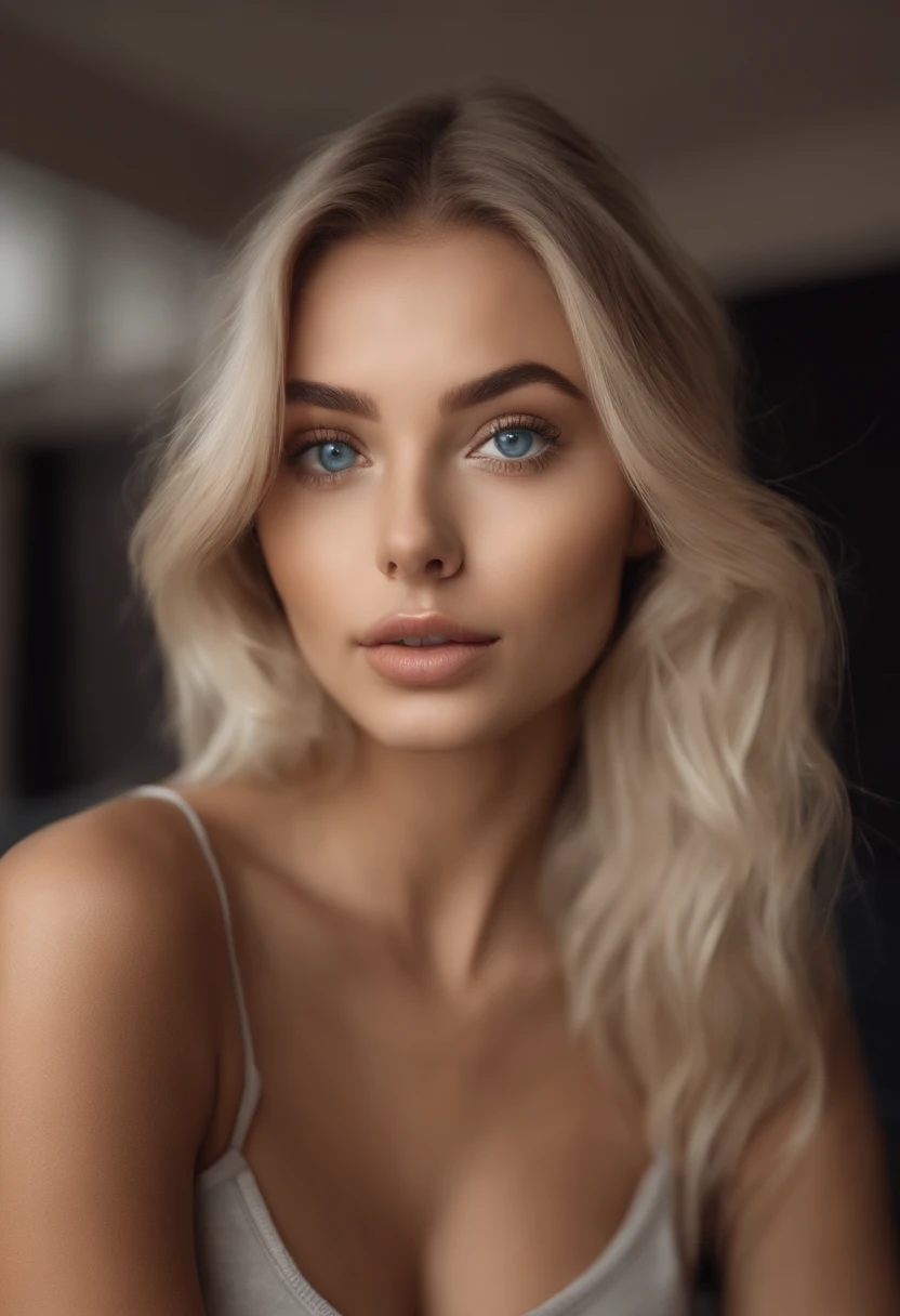 A woman in a matching T-shirt and panties, Sexy girl with blue eyes, portrait sophie mudd, Portrait of de Corinnne Kopf, blonde hair and large eyes, selfie of a young woman, Макияж Without, natural makeup, Look directly into the camera, face with artgram, dezentes Make-up, Excellent full-length photography, in a room, big breastes, blonde, Latin