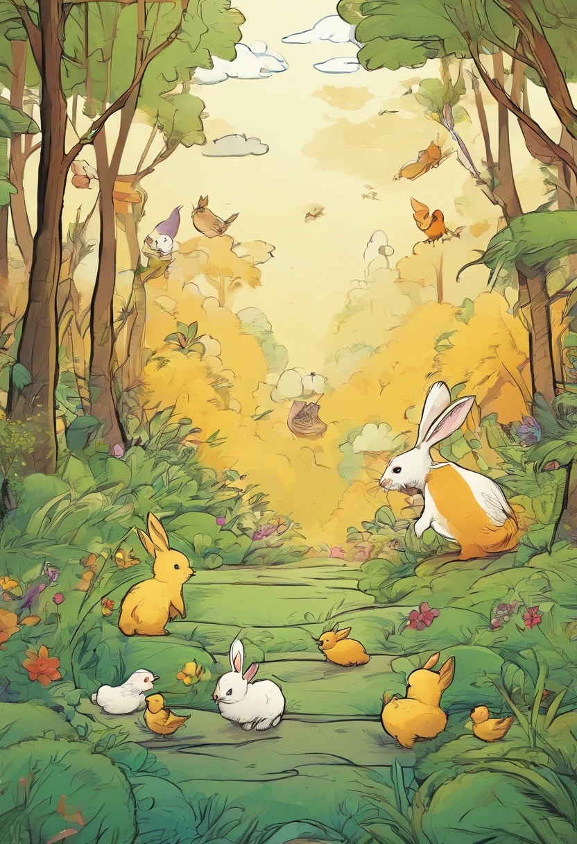 highly details, hyper-detailing,8k, Ultra-high resolution picture of bunnies and chicks in the forest