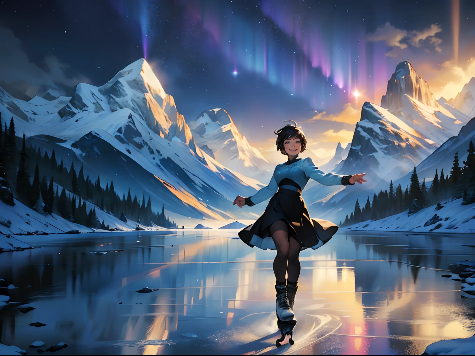 ((Best quality, 8K, Masterpiece: 1.3)), landscape, Frozen,A glacial lake surrounded by mountains, (Short haired skating girl:1.5), (Smiling:1.5), (cheerfulness), (Blue eyes), Red jeans with a skirt, skating, black shadows, Graceful,morning shot, star trails, aurora,Amazing scenery, snowfall, The stars form a circle, lightwave, magic,flawless perfection,A perfect masterpiece,RAW photo,Sharp,Rich colors, Ultra-realistic realistic textures, Dramatic lighting, It was a huge hit on Unreal Engine's ArtStation Cinestill 800,