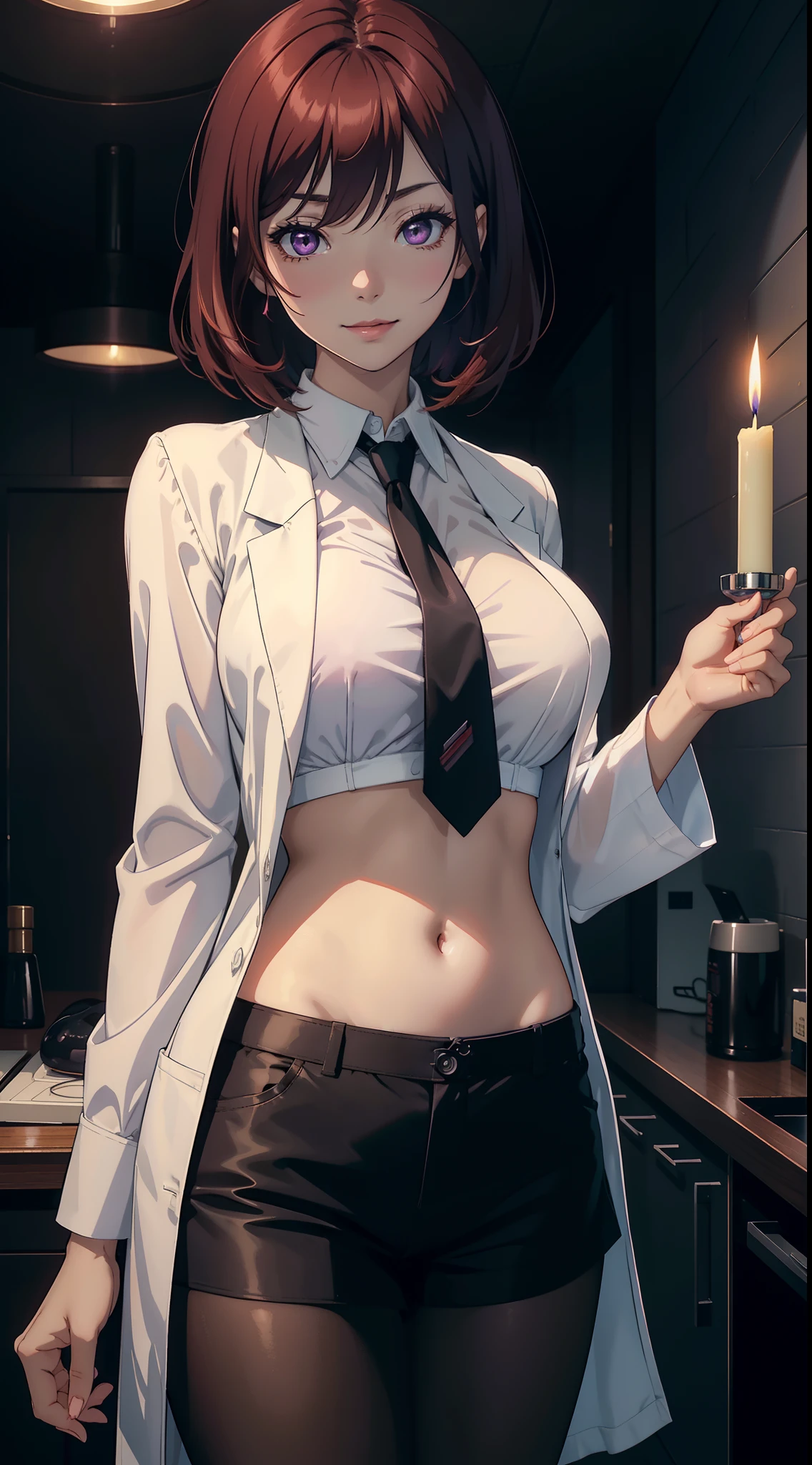 Nishikino maki, Purple eyes, slightly , bangs,white shirt, short black shorts, dark brown pantyhose, ie, opened lab coat, slightly smile, standing, dark room lightened by candlelight, sexy lips, detai navel, midriff